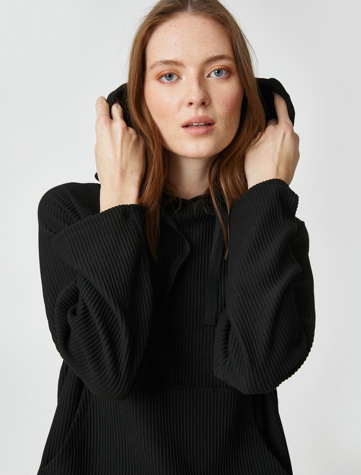  Kapüşonlu Sweatshirt Fitilli Kanguru Cepli