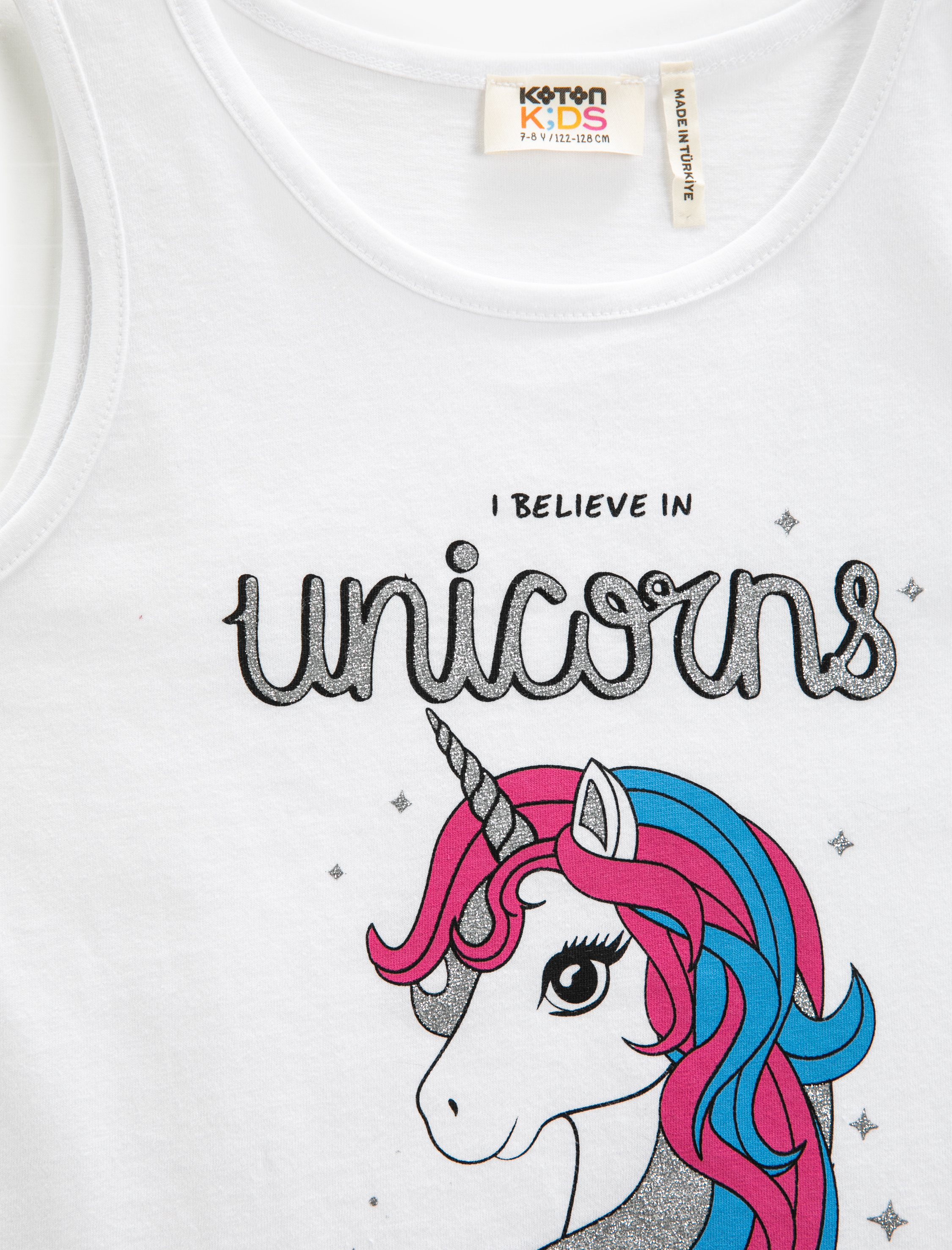  Kız Çocuk Atlet Bisiklet Yaka Unicorn Baskılı Püsküllü