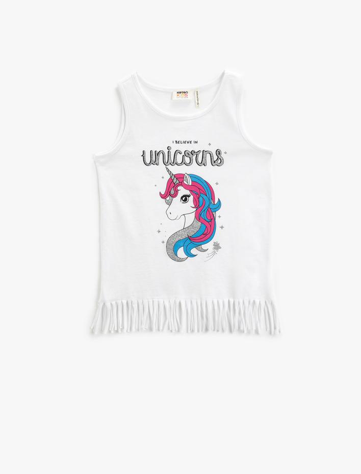 Kız Çocuk Atlet Bisiklet Yaka Unicorn Baskılı Püsküllü