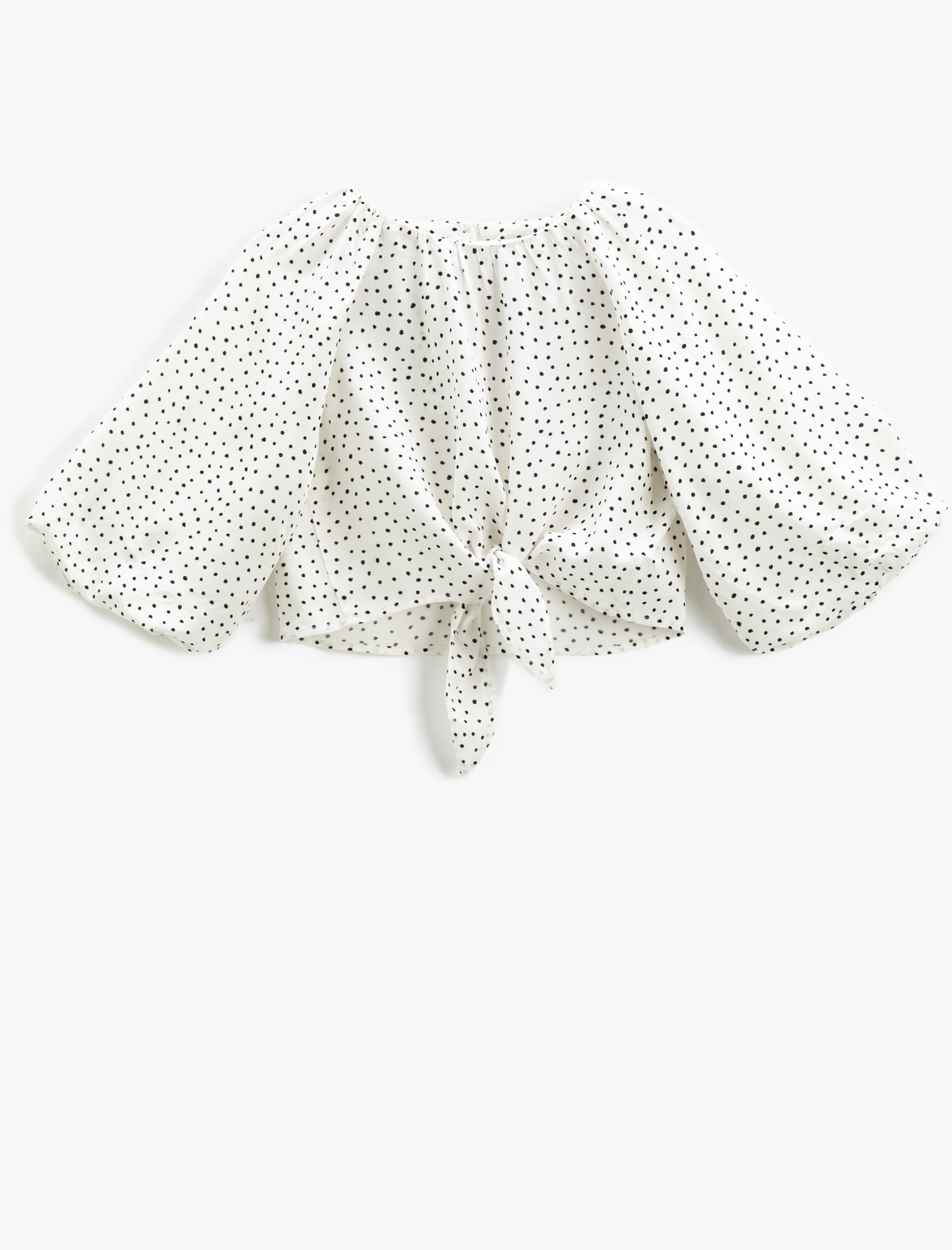  Kız Çocuk Bluz Oversize Uzun Balon Kollu Yuvarlak Yaka Puantiyeli Önü Bağlamalı