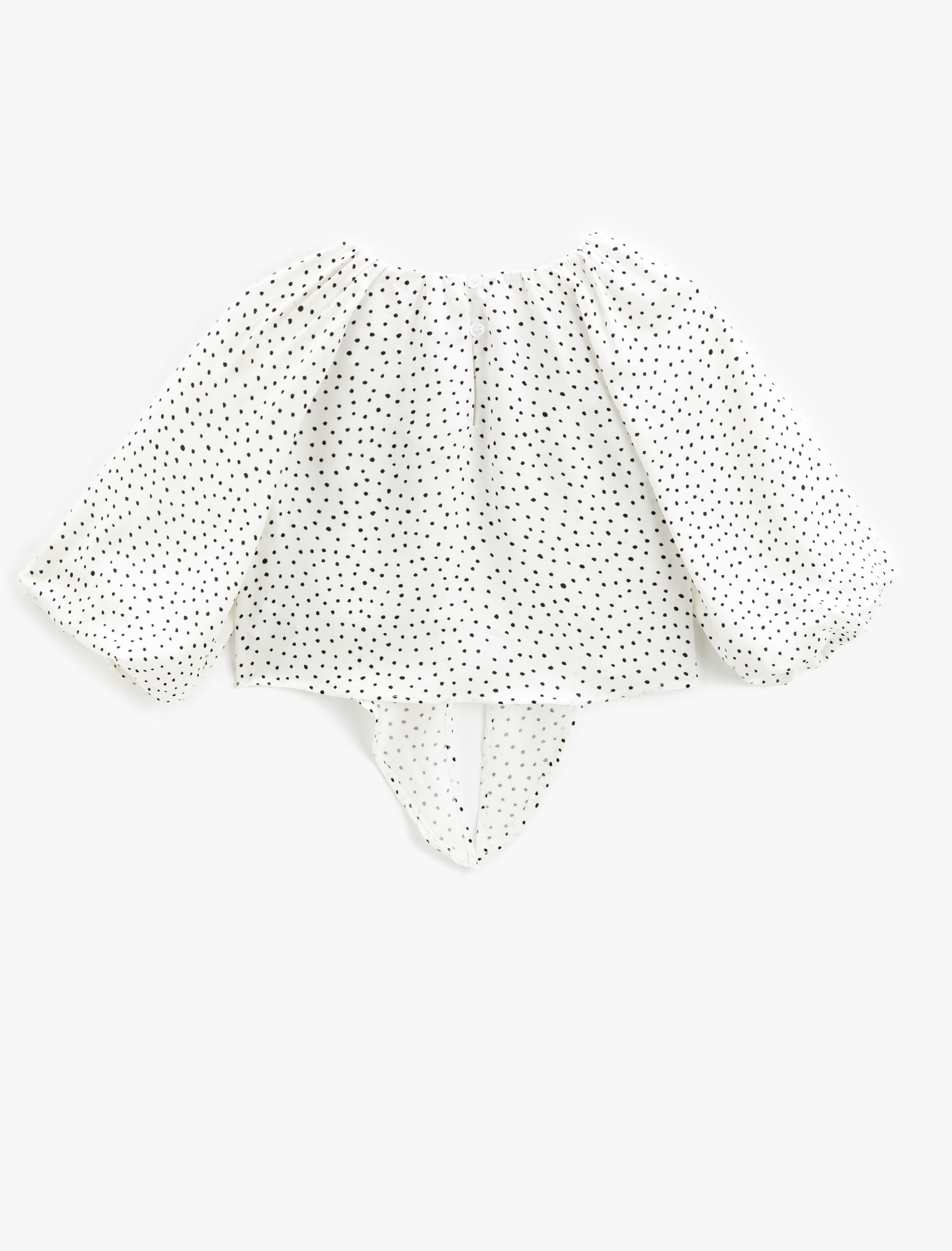  Kız Çocuk Bluz Oversize Uzun Balon Kollu Yuvarlak Yaka Puantiyeli Önü Bağlamalı