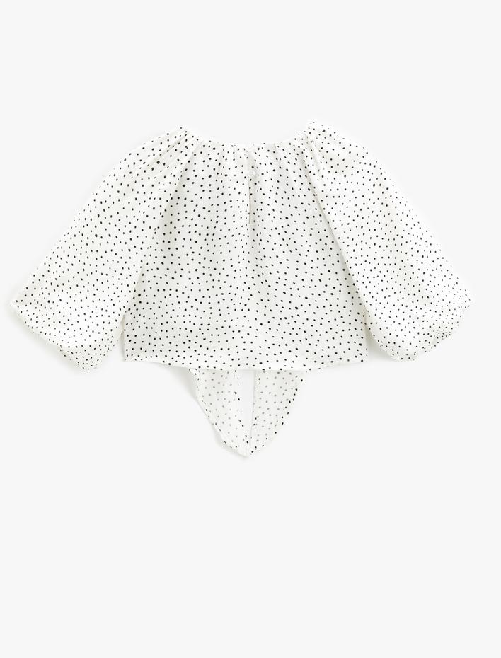 Kız Çocuk Bluz Oversize Uzun Balon Kollu Yuvarlak Yaka Puantiyeli Önü Bağlamalı