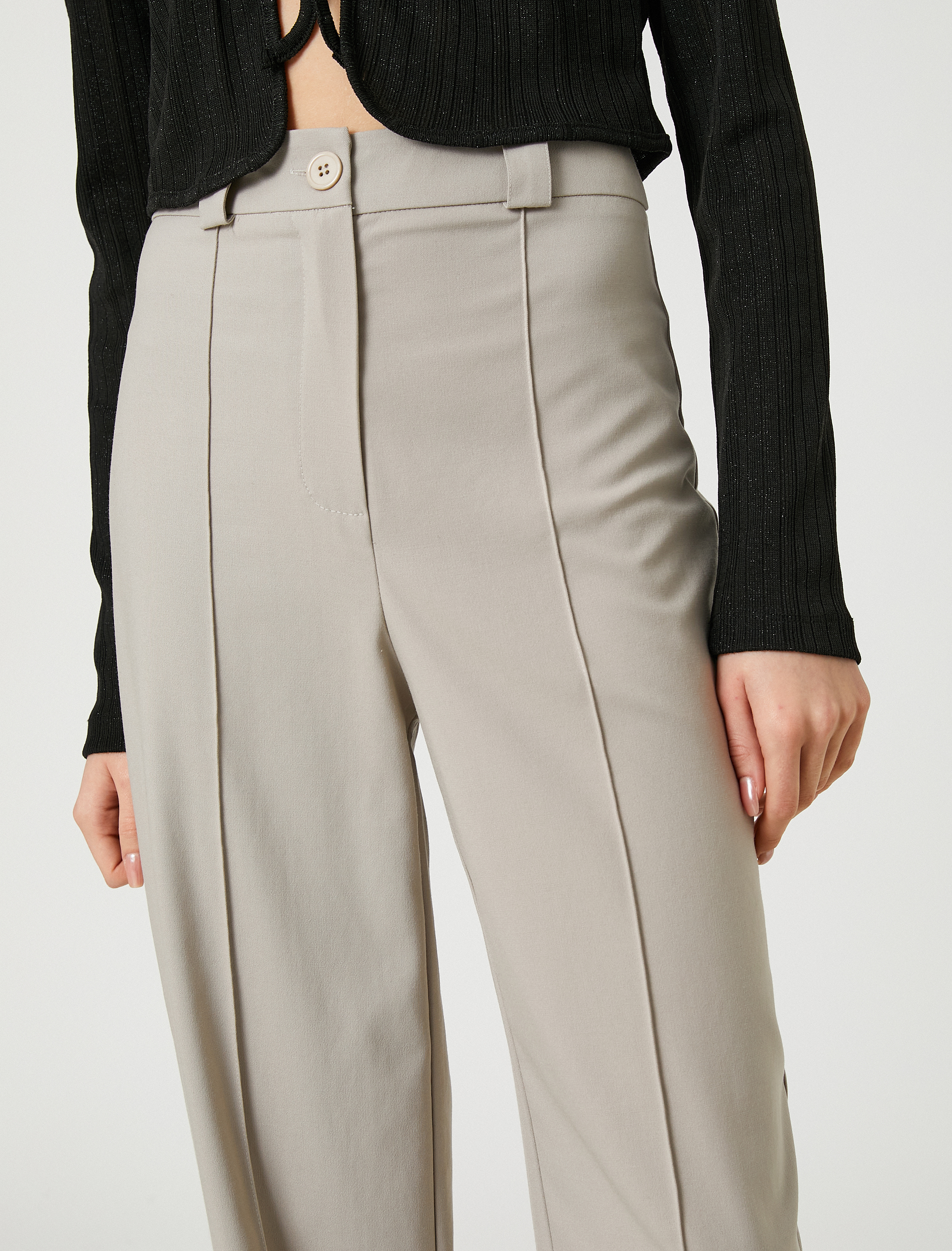   Kumaş Pantolon Bol Paça Yüksek Bel Önü Nervürlü