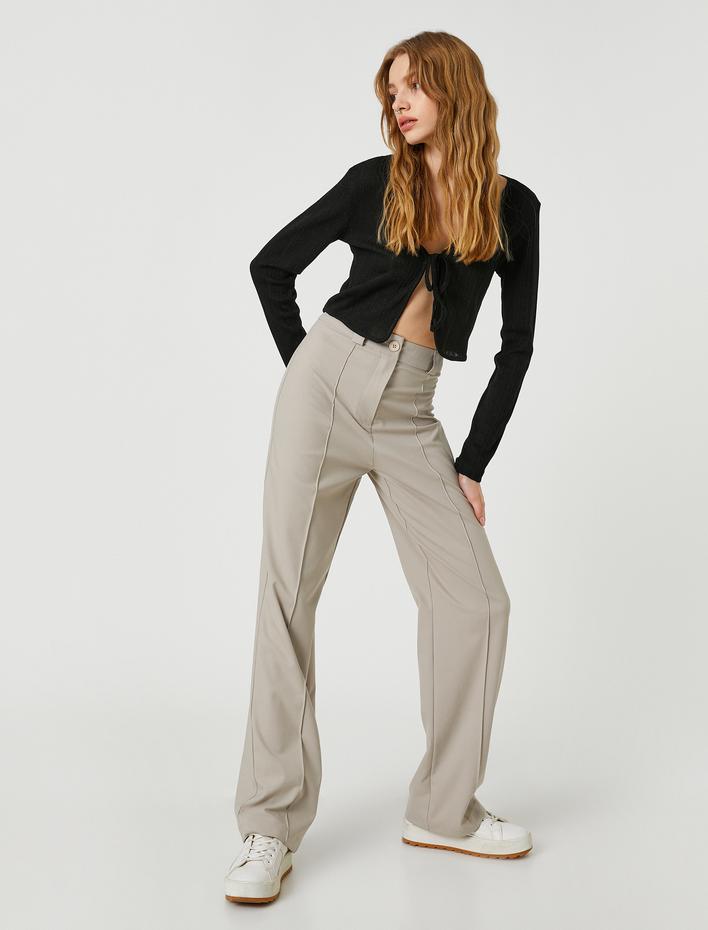  Kumaş Pantolon Bol Paça Yüksek Bel Önü Nervürlü