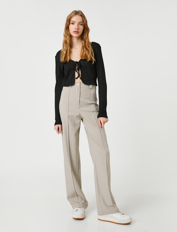  Kumaş Pantolon Bol Paça Yüksek Bel Önü Nervürlü