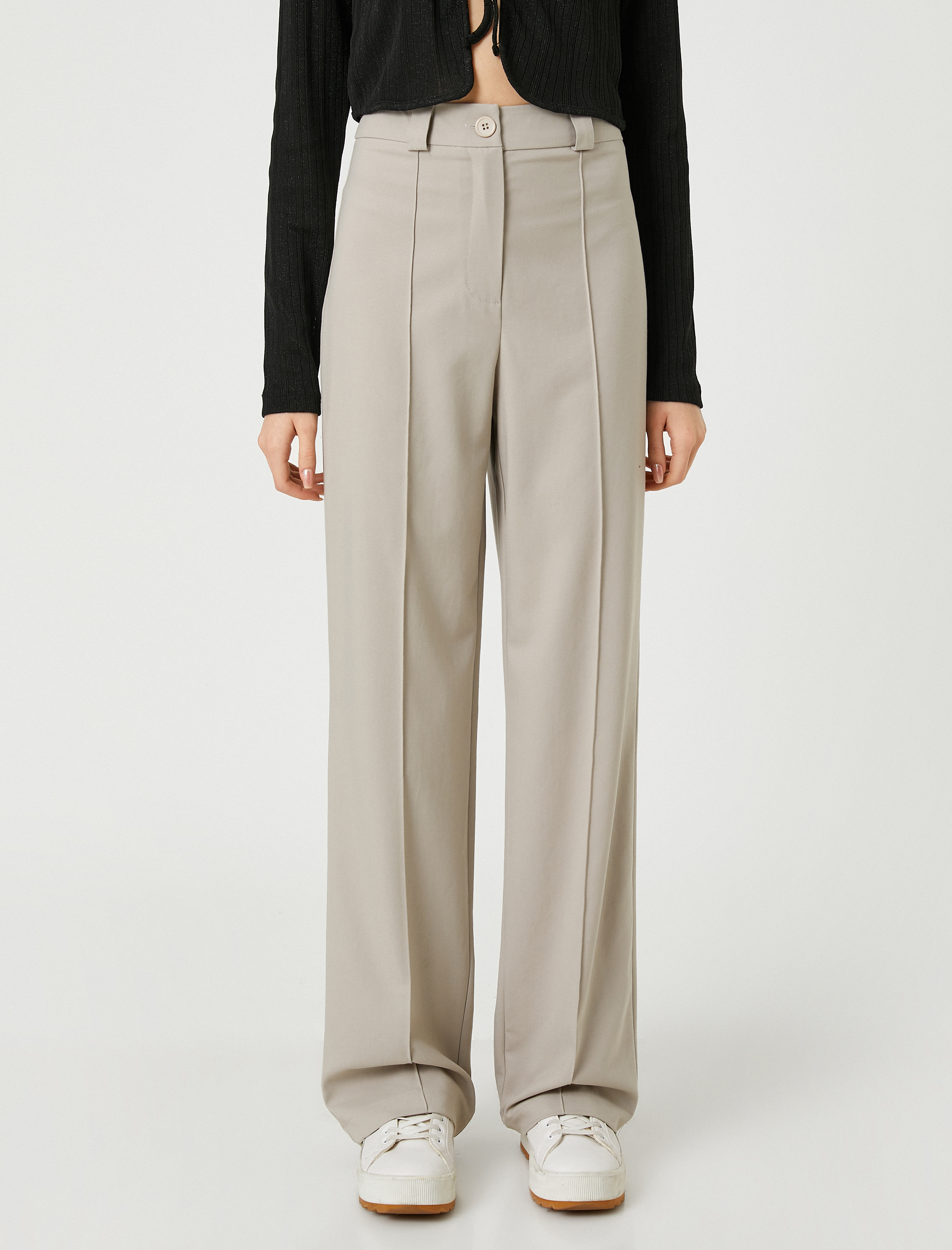   Kumaş Pantolon Bol Paça Yüksek Bel Önü Nervürlü