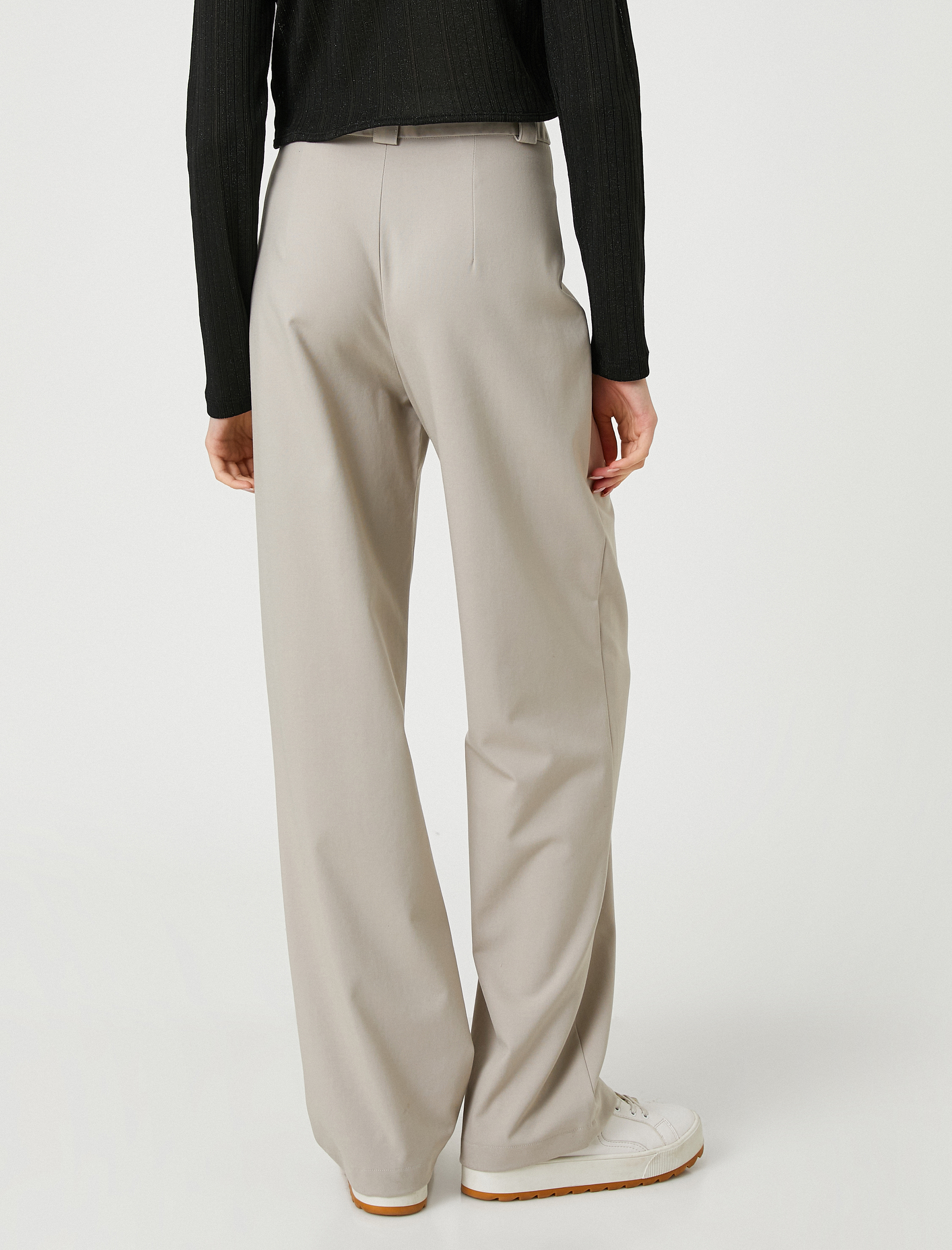   Kumaş Pantolon Bol Paça Yüksek Bel Önü Nervürlü