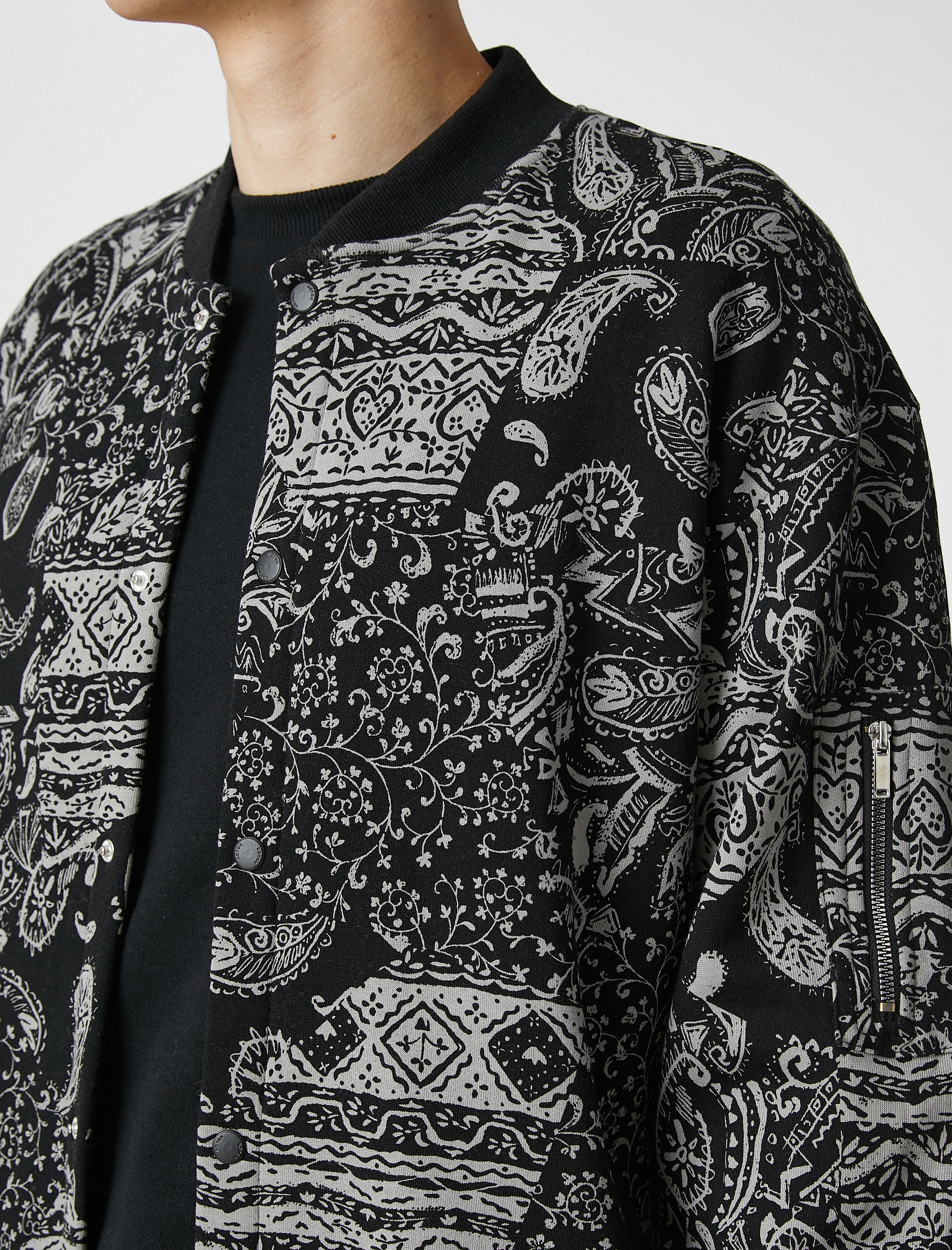   Bomber Ceket Çıtçıt Düğmeli Şal Motifli Fermuar Detaylı Şardonlu