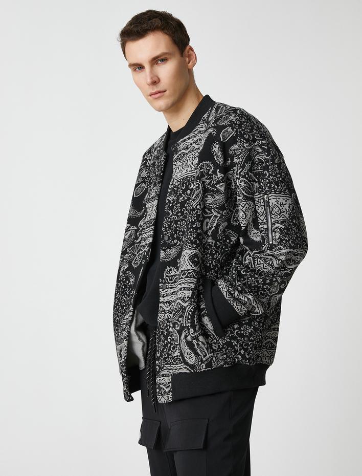  Bomber Ceket Çıtçıt Düğmeli Şal Motifli Fermuar Detaylı Şardonlu