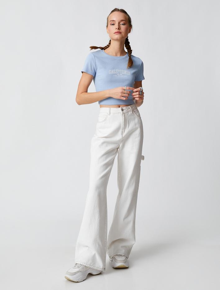  Crop Tişört Yazı Baskılı Kısa Kollu