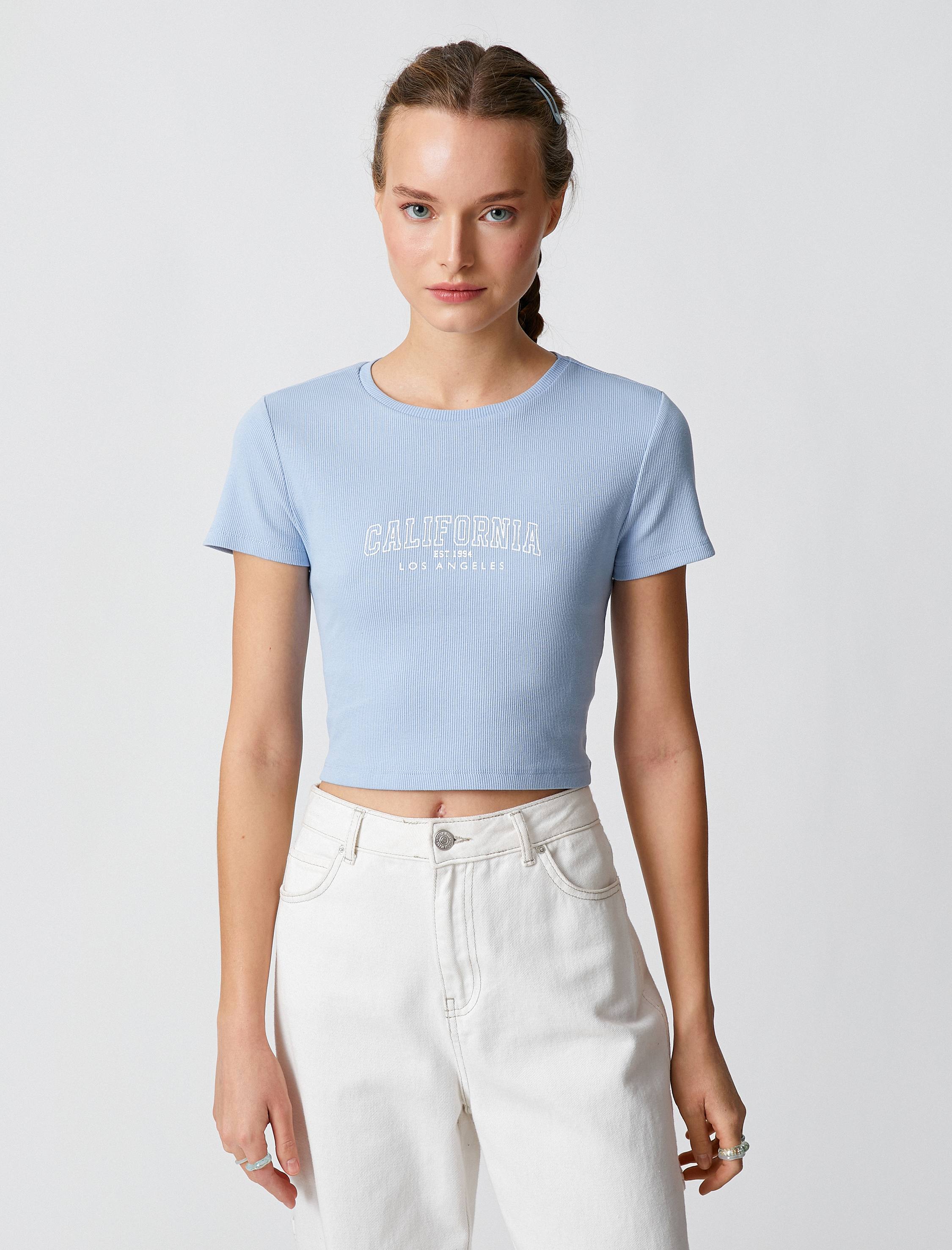   Crop Tişört Yazı Baskılı Kısa Kollu