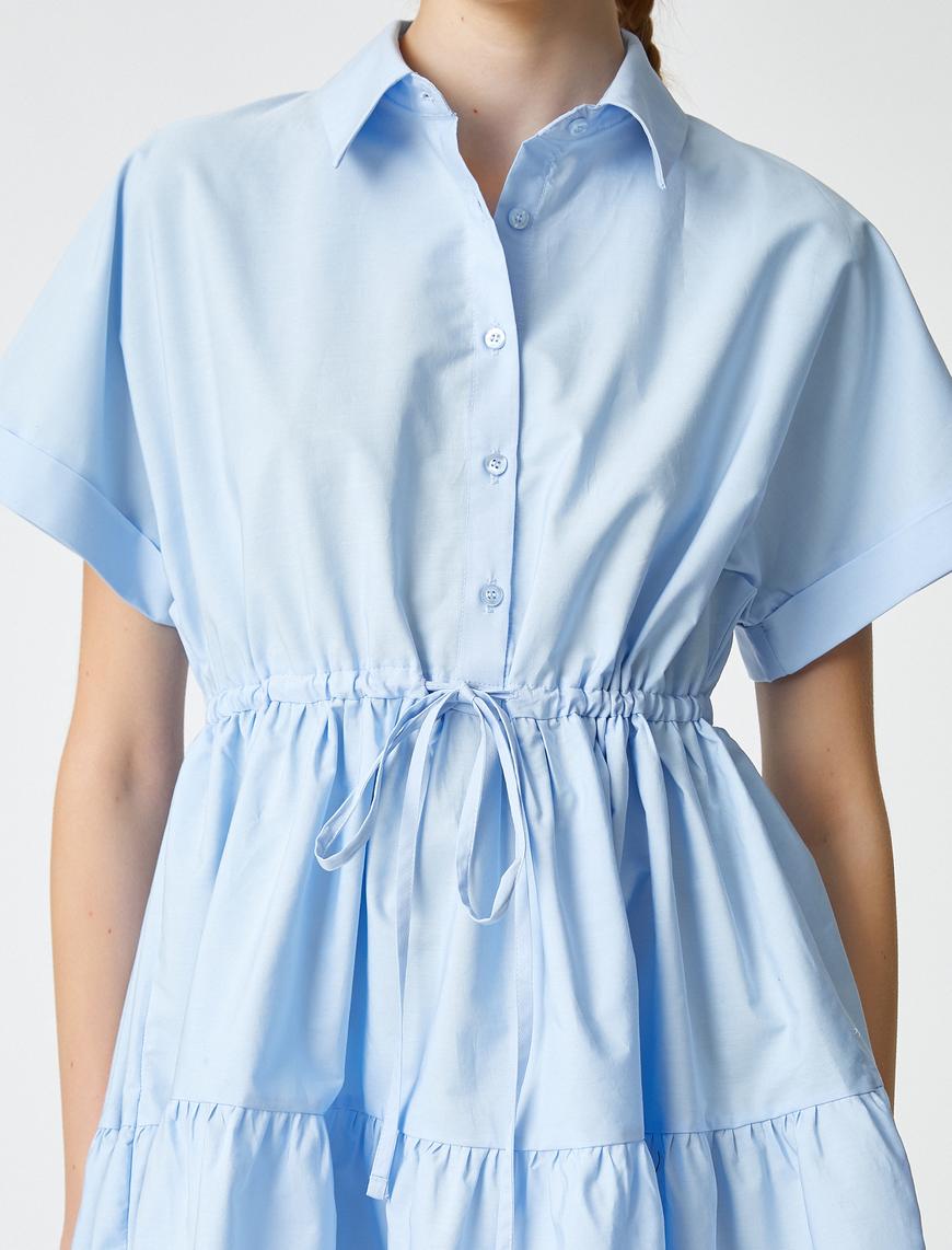   Poplin Gömlek Elbise Kısa Kollu Düğmeli Volanlı Beli Büzgülü Fiyonk Detaylı
