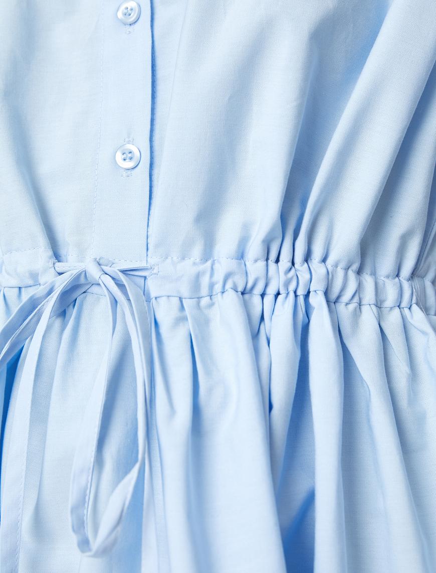   Poplin Gömlek Elbise Kısa Kollu Düğmeli Volanlı Beli Büzgülü Fiyonk Detaylı