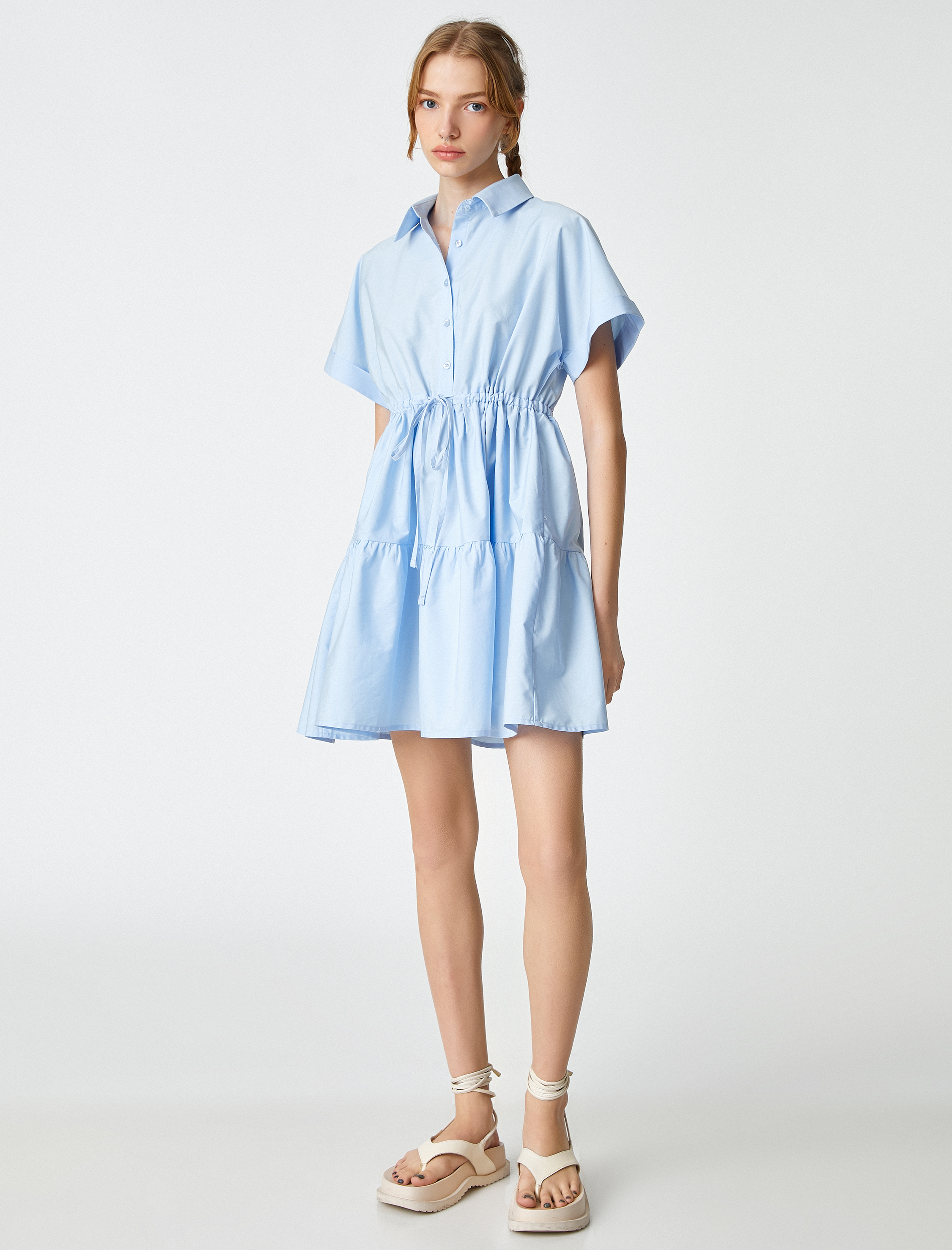   Poplin Gömlek Elbise Kısa Kollu Düğmeli Volanlı Beli Büzgülü Fiyonk Detaylı