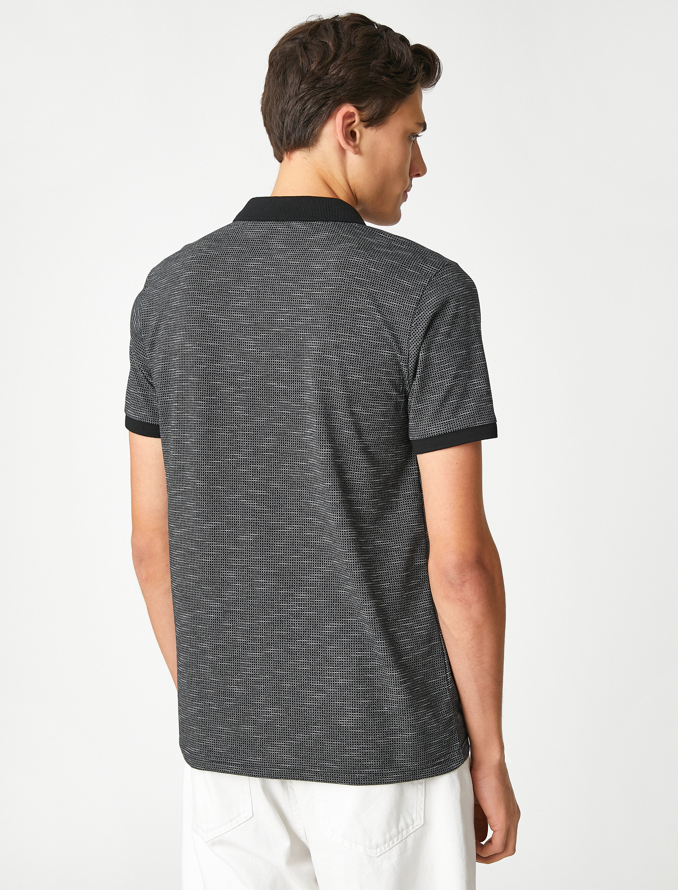   Polo Yaka Tişört Geometrik Baskılı Düğmeli Kısa Kollu Dar Kesim