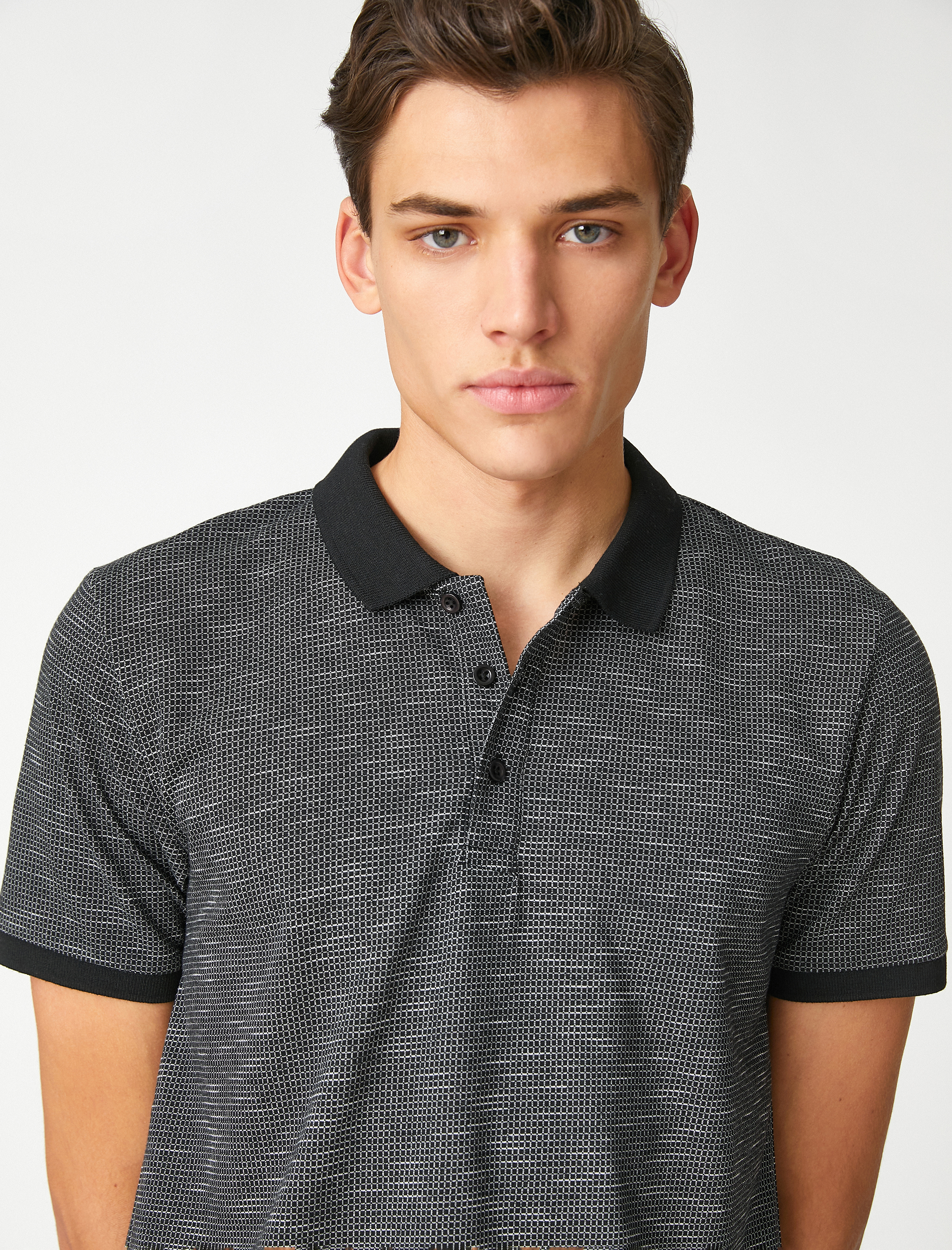   Polo Yaka Tişört Geometrik Baskılı Düğmeli Kısa Kollu Dar Kesim