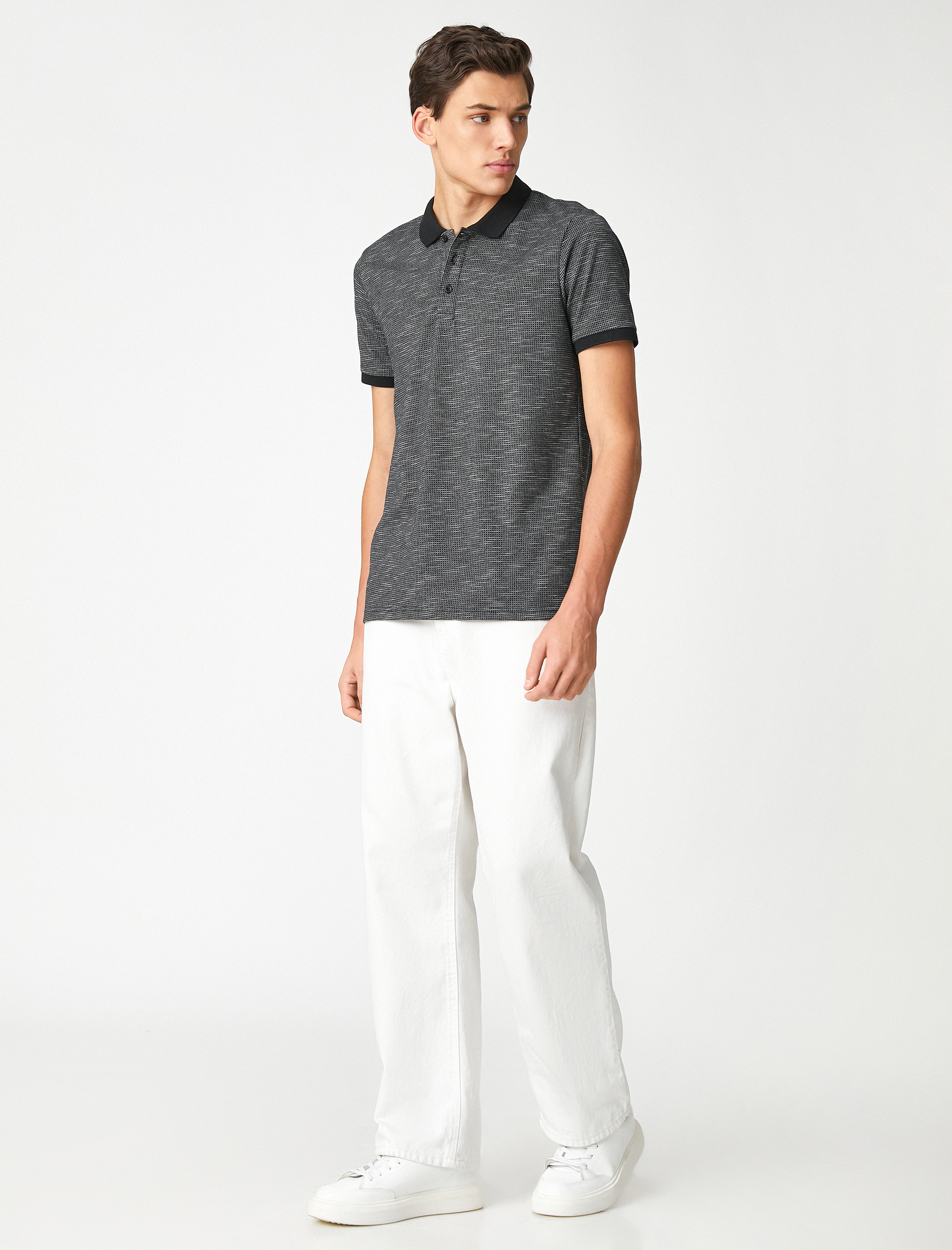   Polo Yaka Tişört Geometrik Baskılı Düğmeli Kısa Kollu Dar Kesim