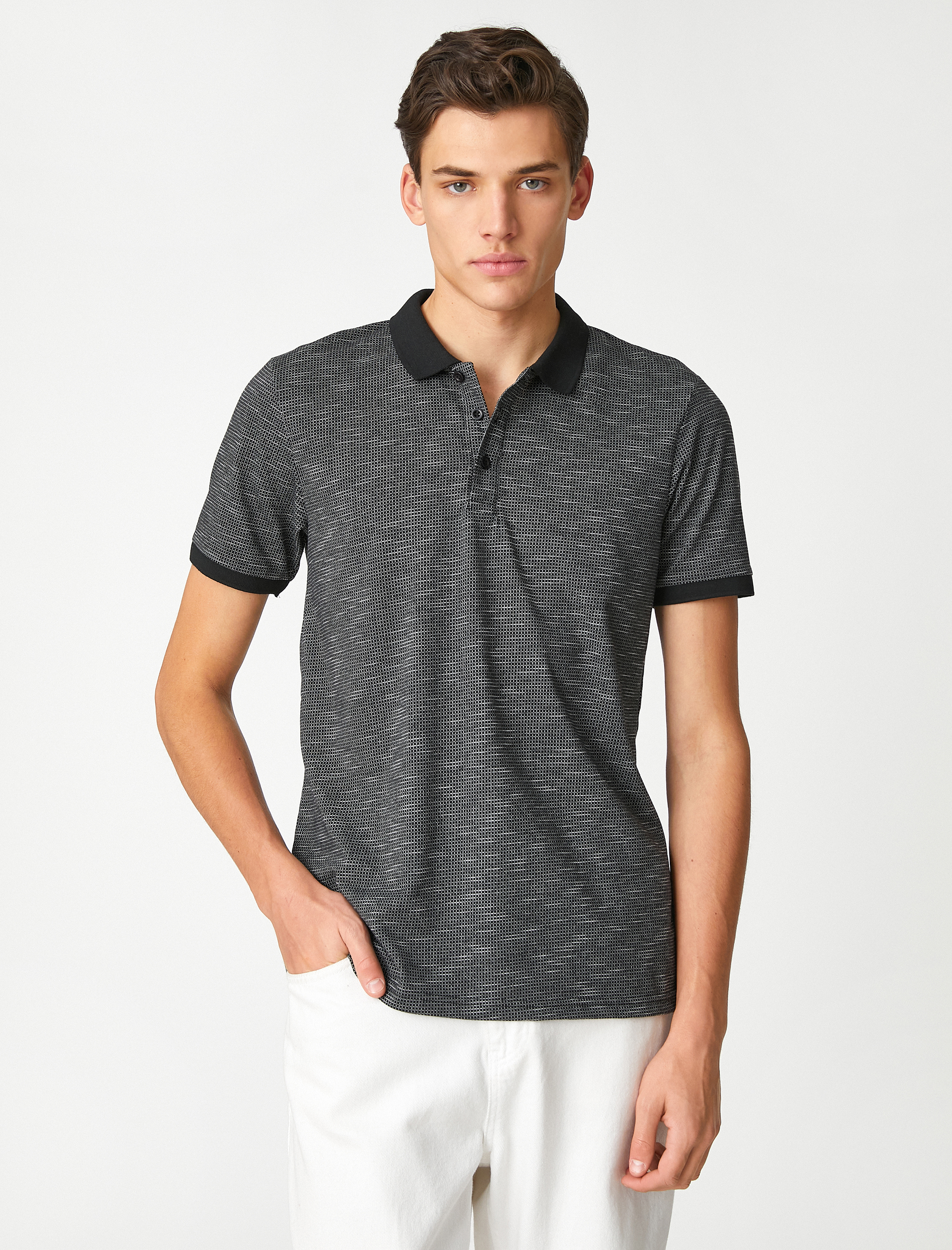   Polo Yaka Tişört Geometrik Baskılı Düğmeli Kısa Kollu Dar Kesim