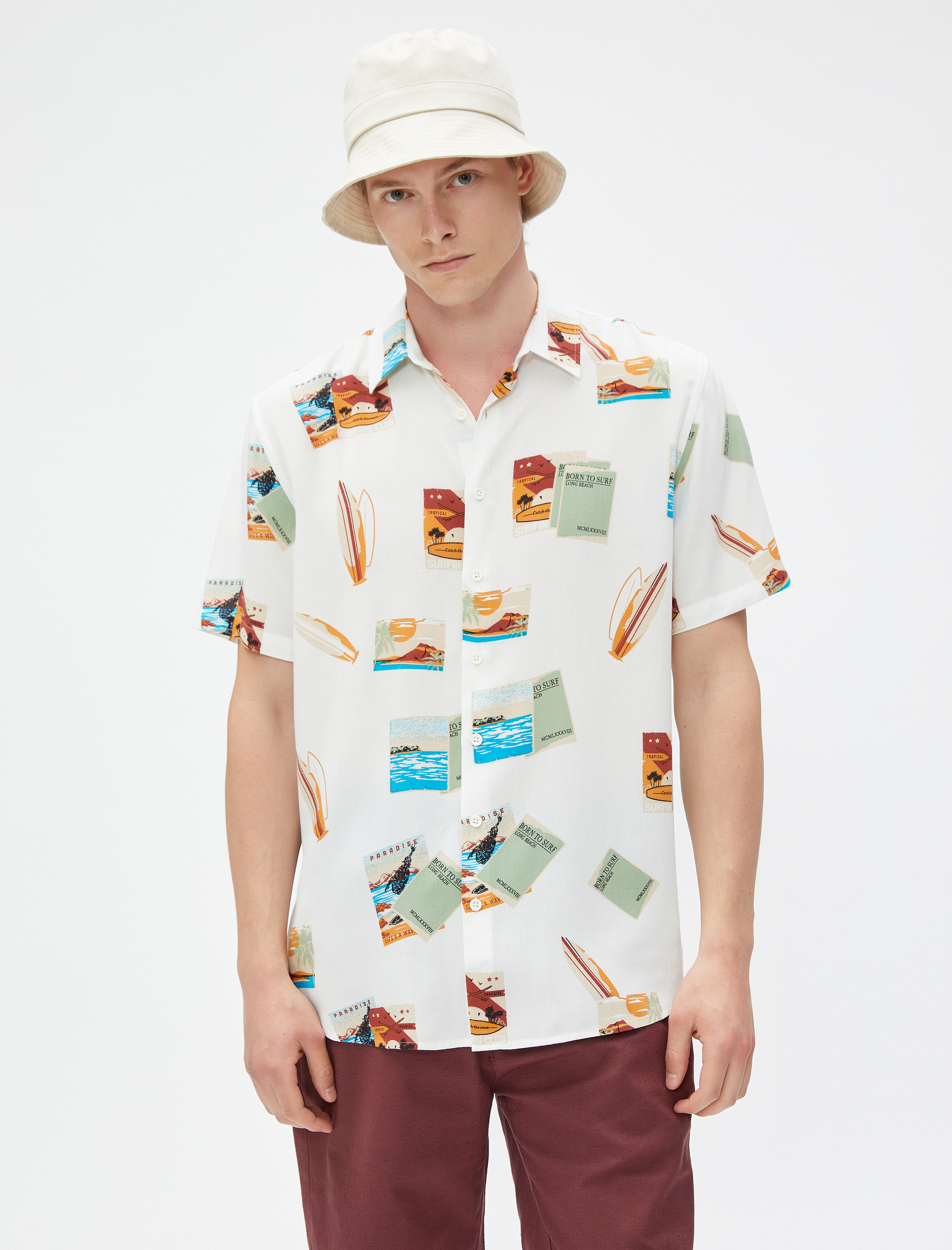   Kısa Kollu Gömlek Yaz Temalı Sörf Detaylı Klasik Yaka