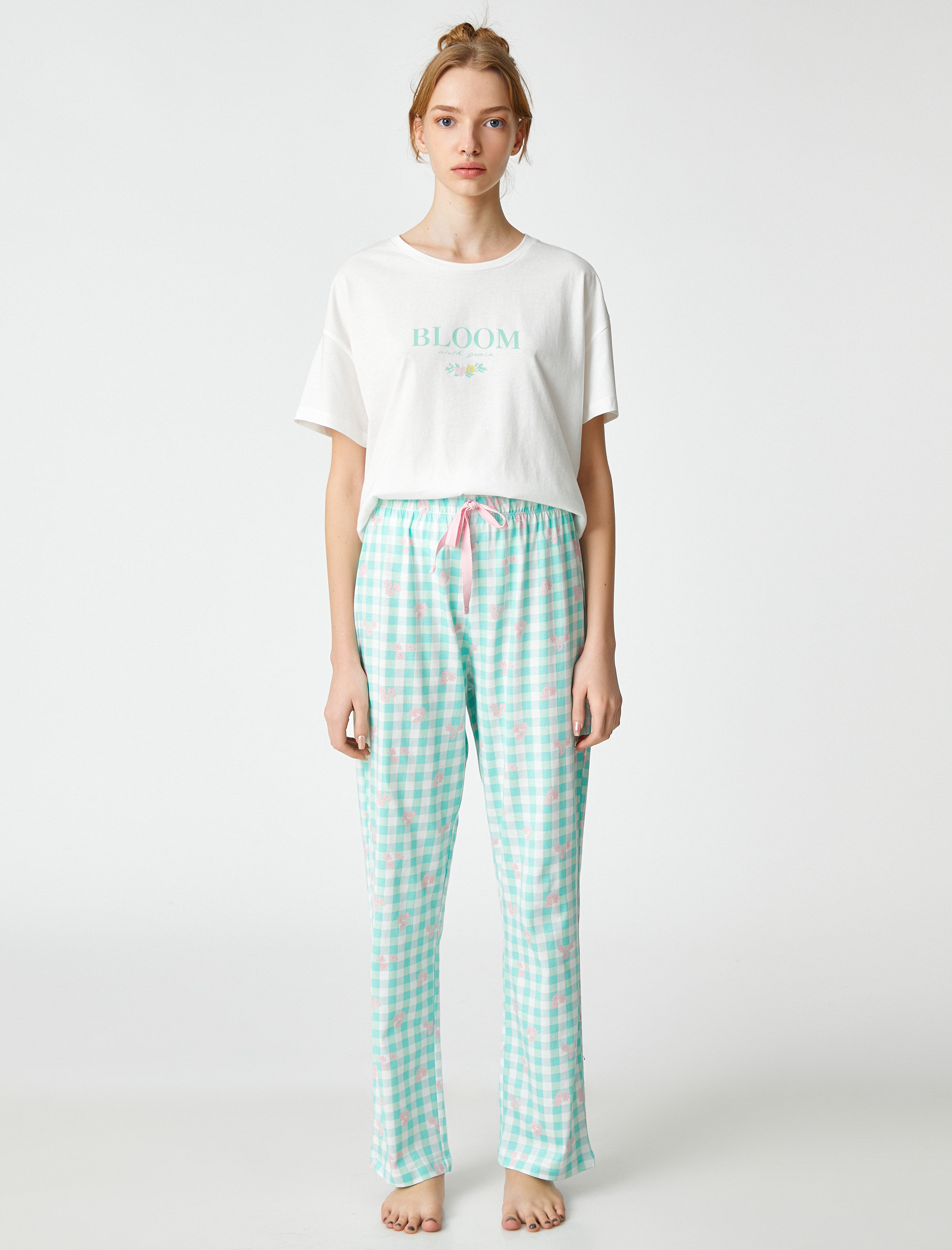   Pamuklu Pijama Takımı Desenli Kısa Kollu Rahat Kesim