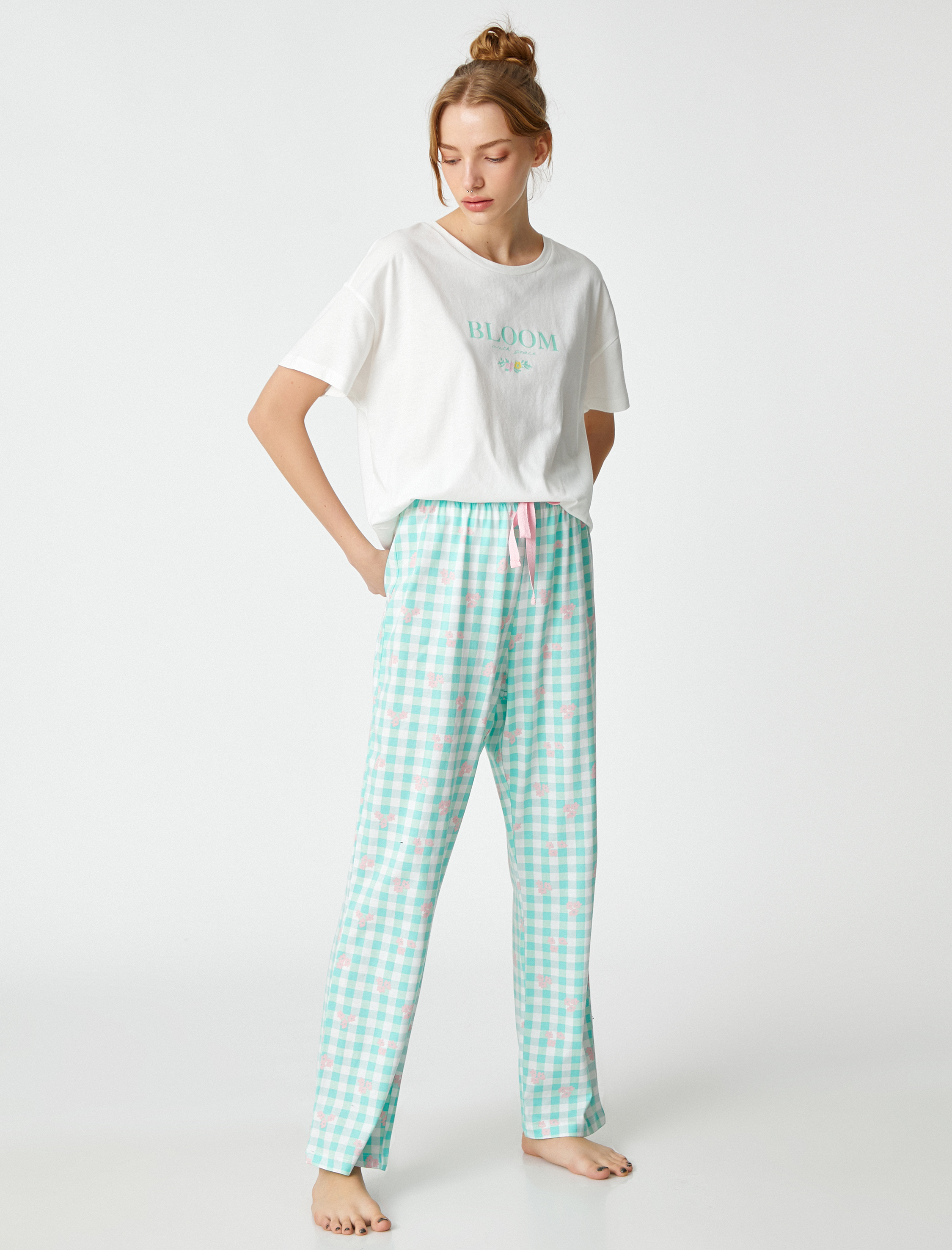   Pamuklu Pijama Takımı Desenli Kısa Kollu Rahat Kesim