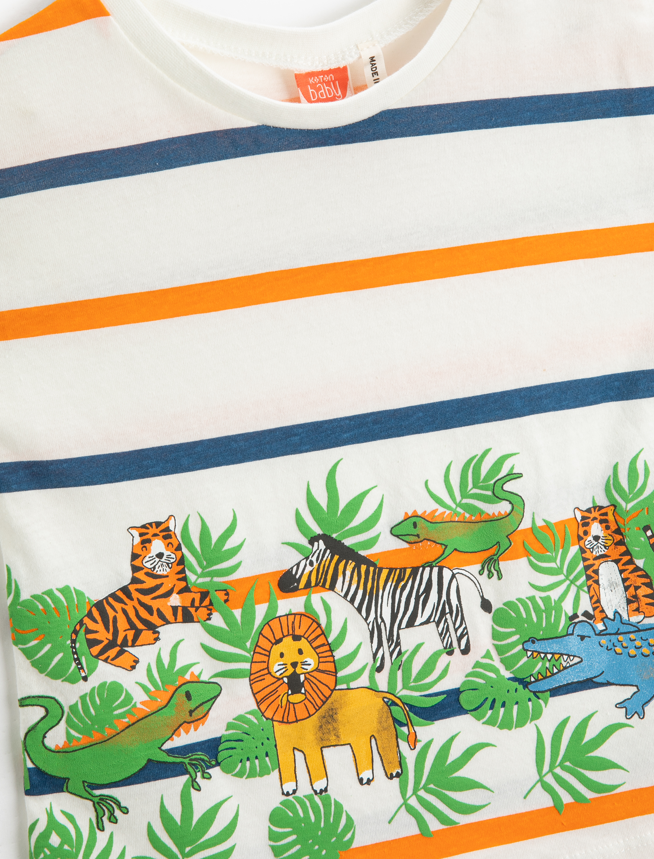  Erkek Bebek Çizgili Kısa Kollu Tişört Hayvanlar Baskılı Bisiklet Yaka Pamuklu