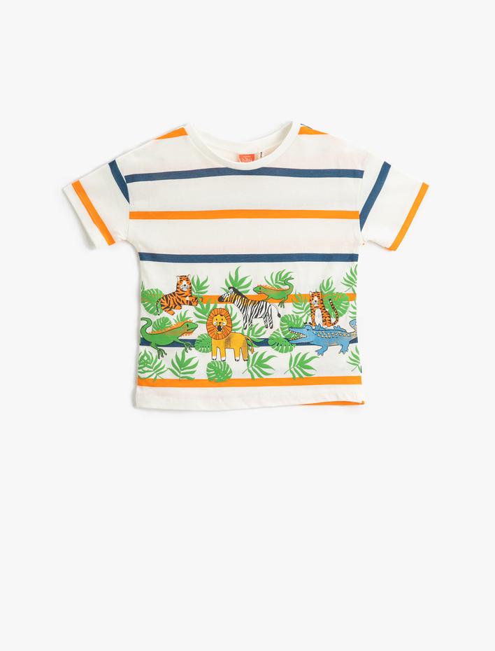 Erkek Bebek Çizgili Kısa Kollu Tişört Hayvanlar Baskılı Bisiklet Yaka Pamuklu