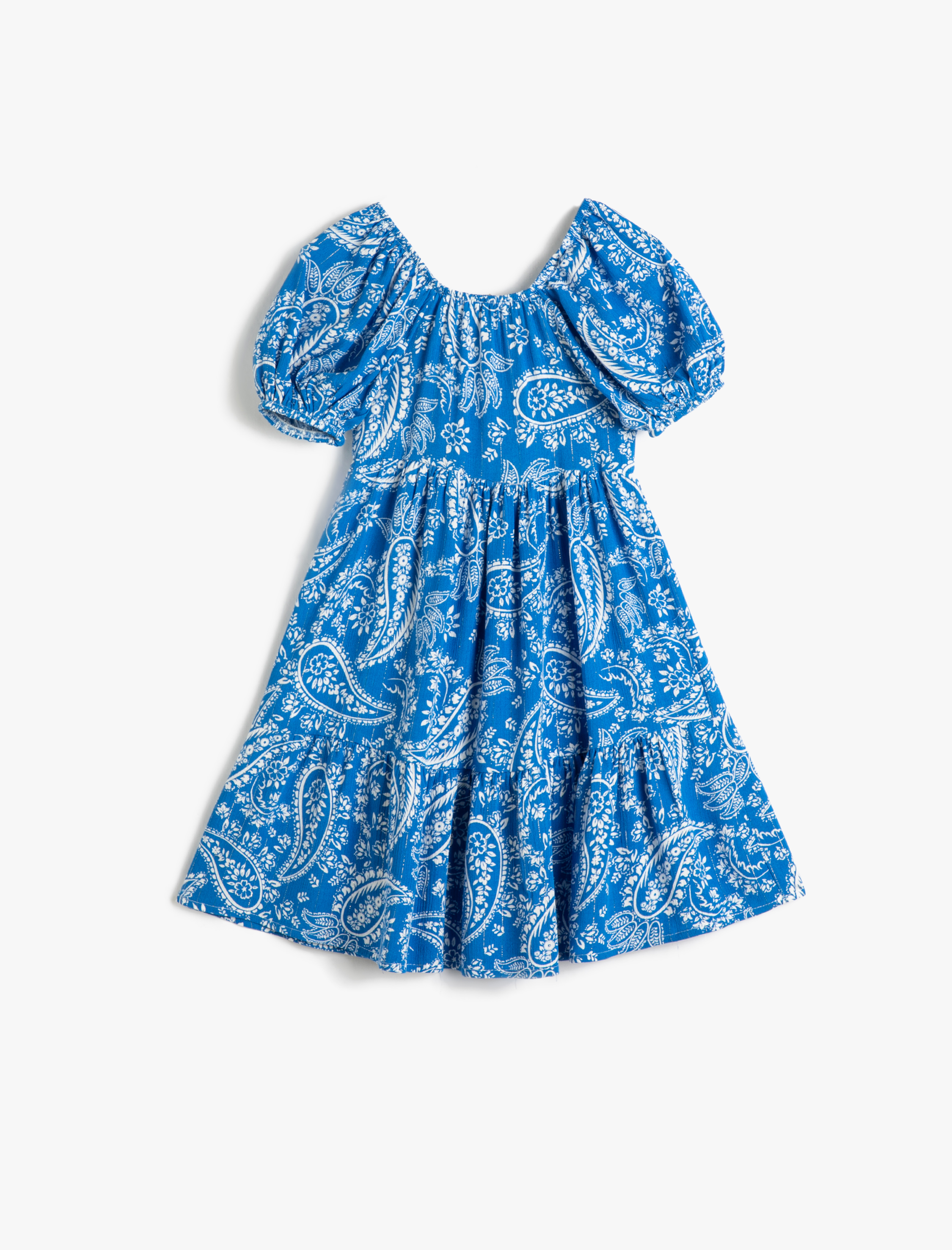  Kız Çocuk Elbise Midi Gipe Detaylı Kısa Balon Kollu U Yaka