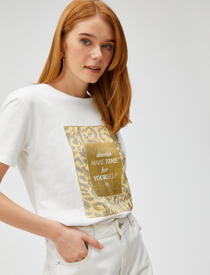  Kısa Kollu Tişört Parlak Yazı Baskılı Pamuklu