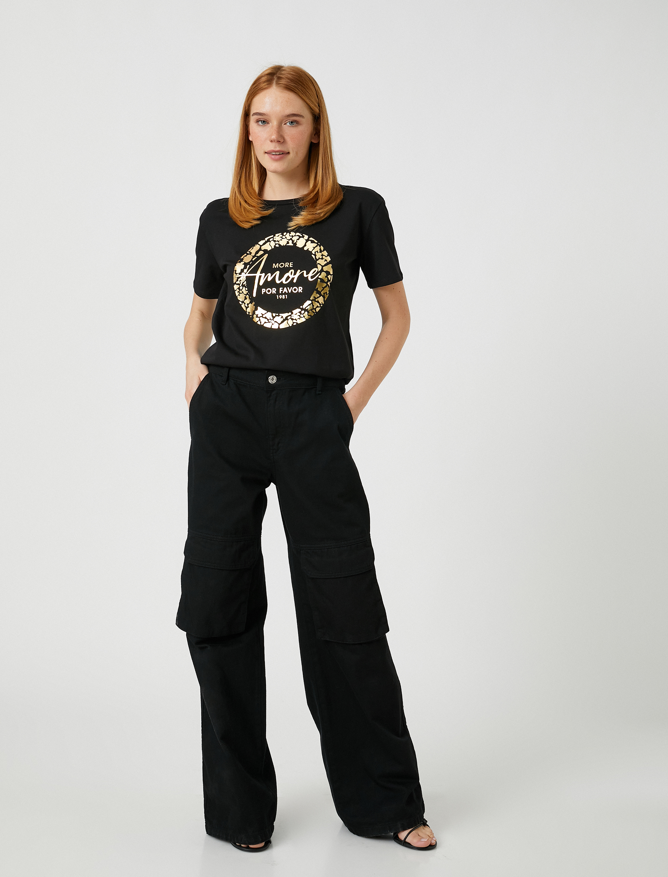   Parlak Yazı Baskılı Tişört Kısa Kollu Pamuklu