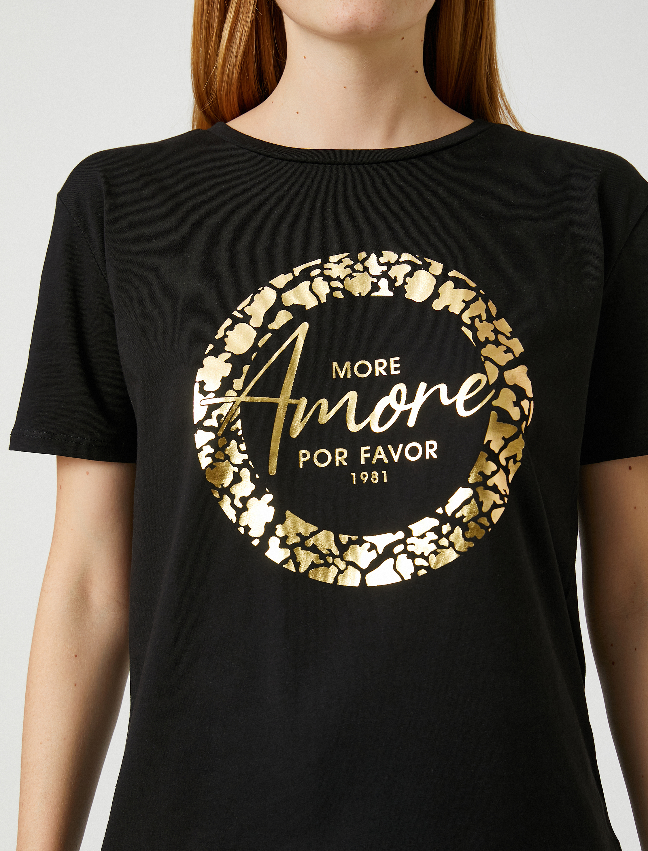   Parlak Yazı Baskılı Tişört Kısa Kollu Pamuklu