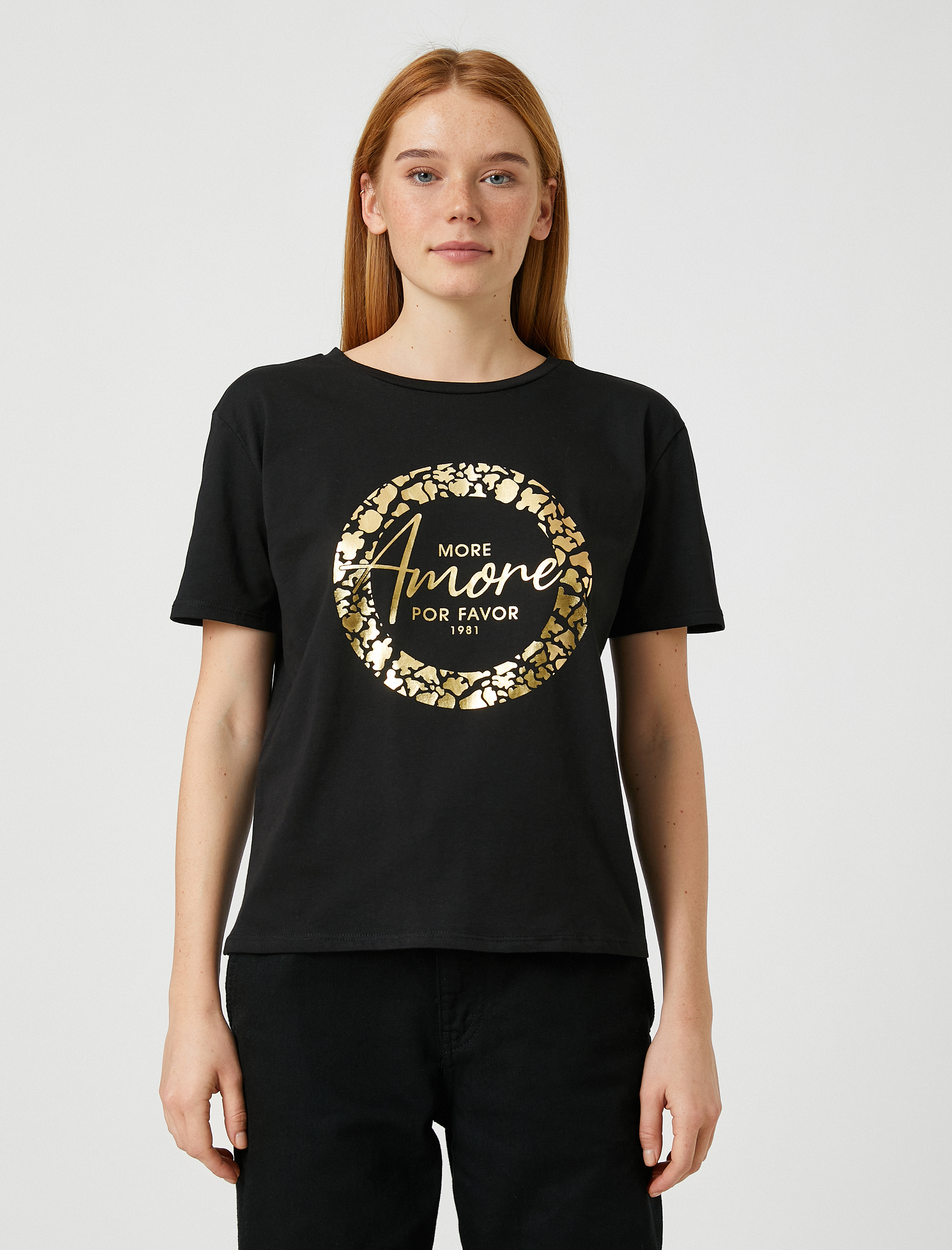   Parlak Yazı Baskılı Tişört Kısa Kollu Pamuklu