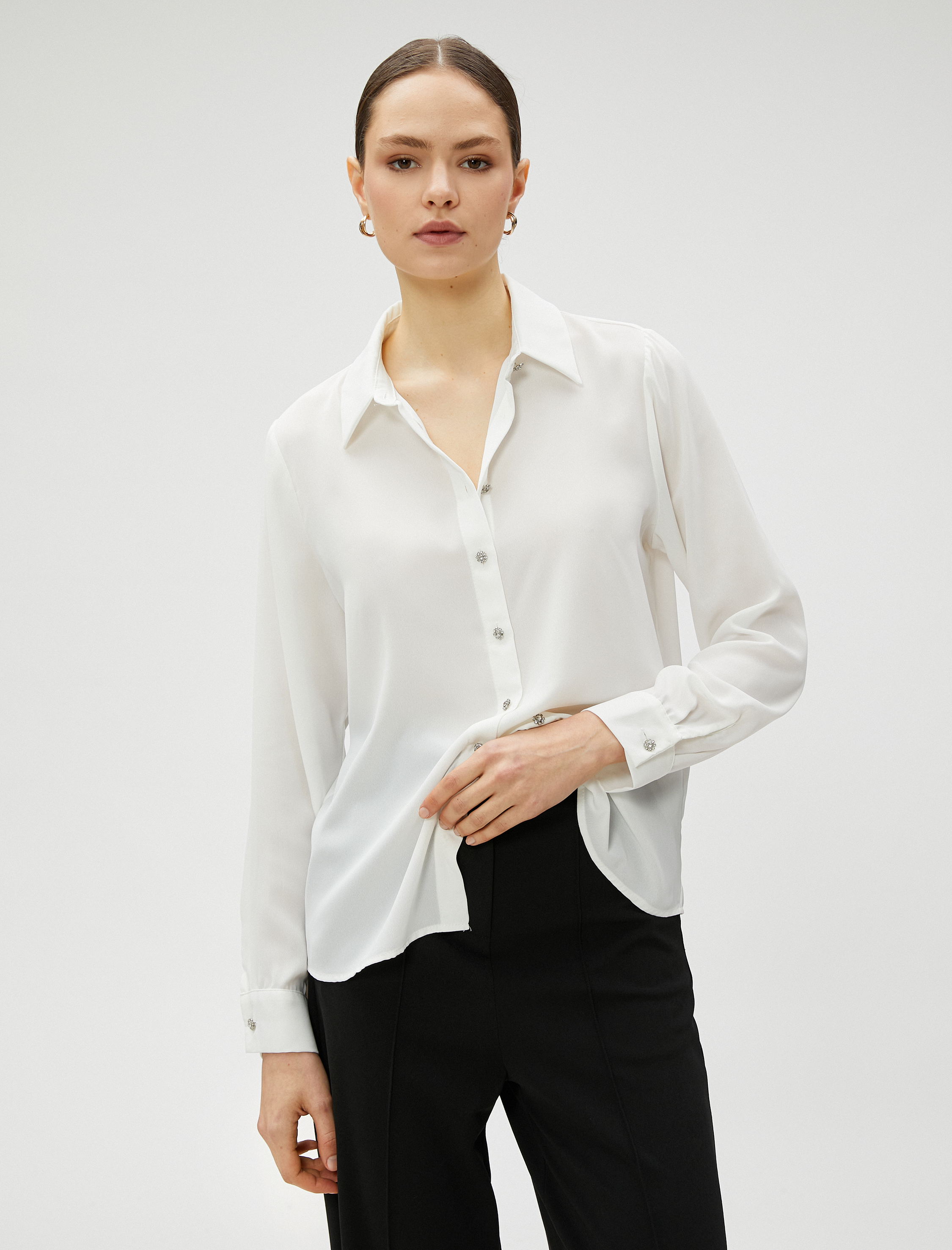   Taşlı Gömlek  Düğmeli Uzun Kollu