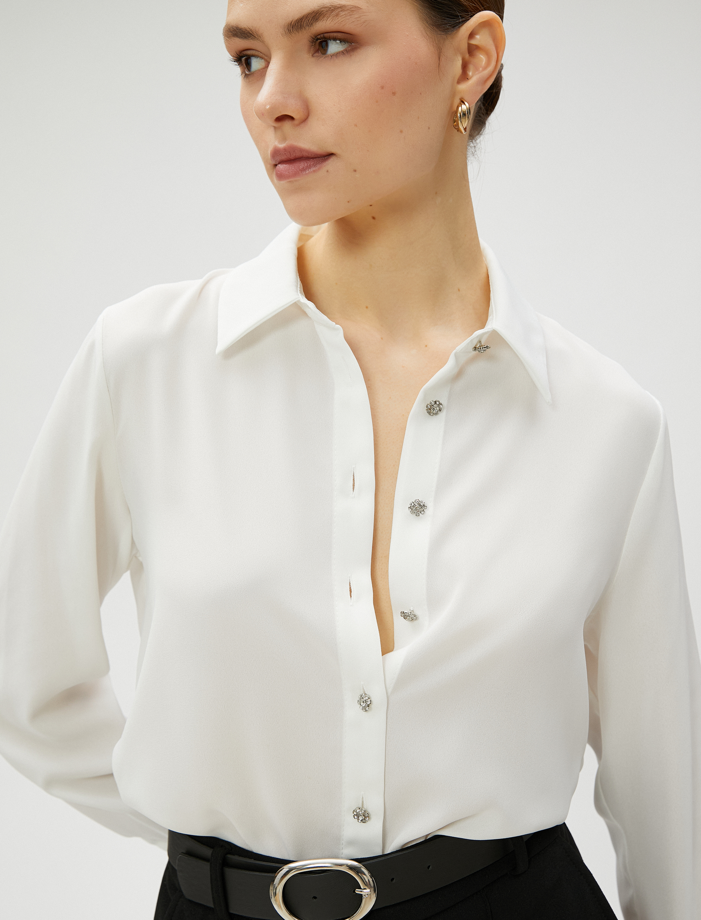   Taşlı Gömlek  Düğmeli Uzun Kollu