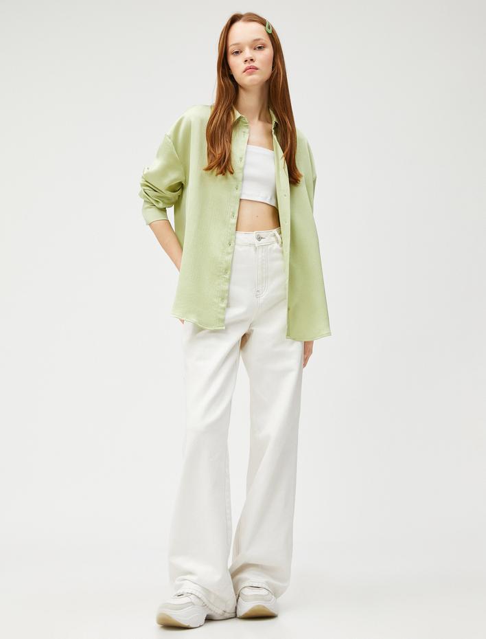  Dökümlü Gömlek Uzun Kollu Dokulu Manşet Yaka