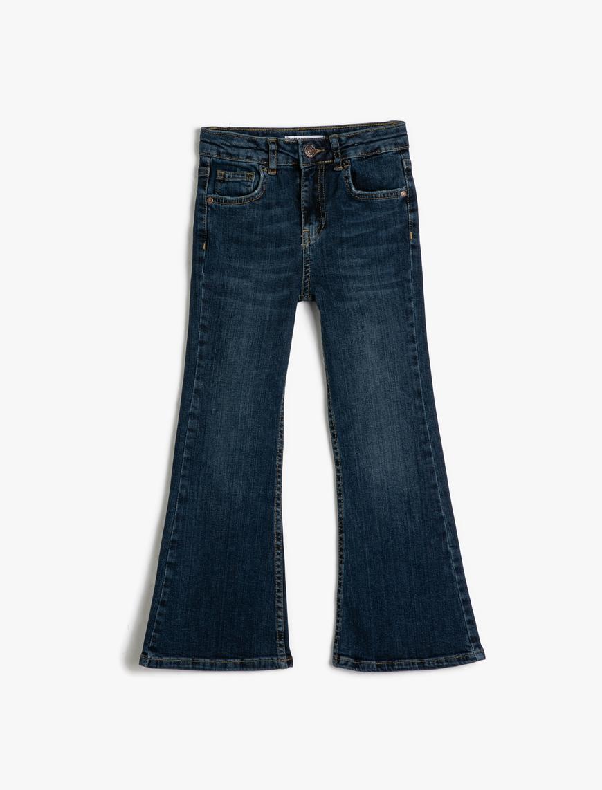  Kız Çocuk Bol Paça Kot Pantolon Slim Fit Pamuklu - Flare Jean Beli Ayarlanabilir Lastikli