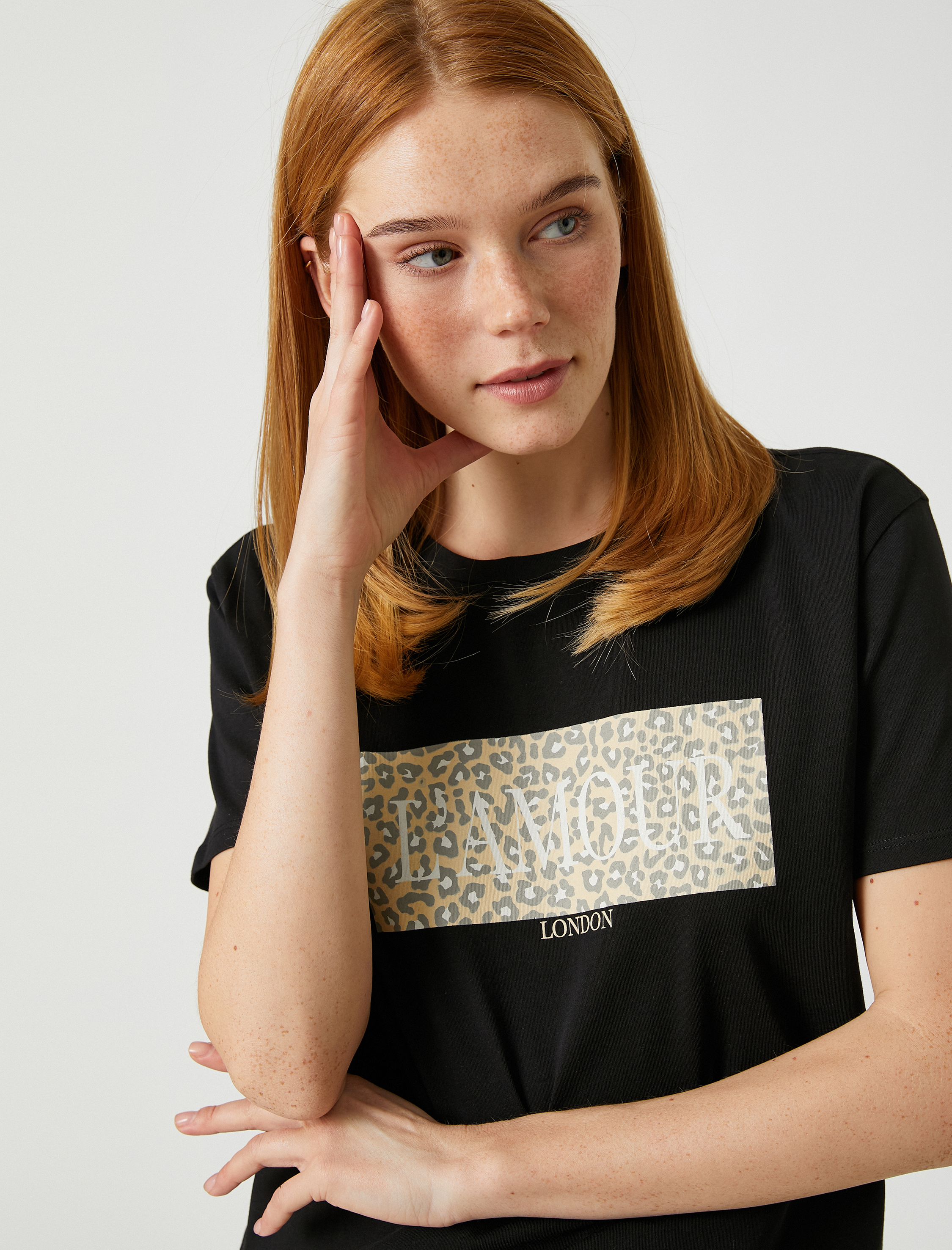   Kısa Kollu Tişört Leopar Baskılı Pamuklu