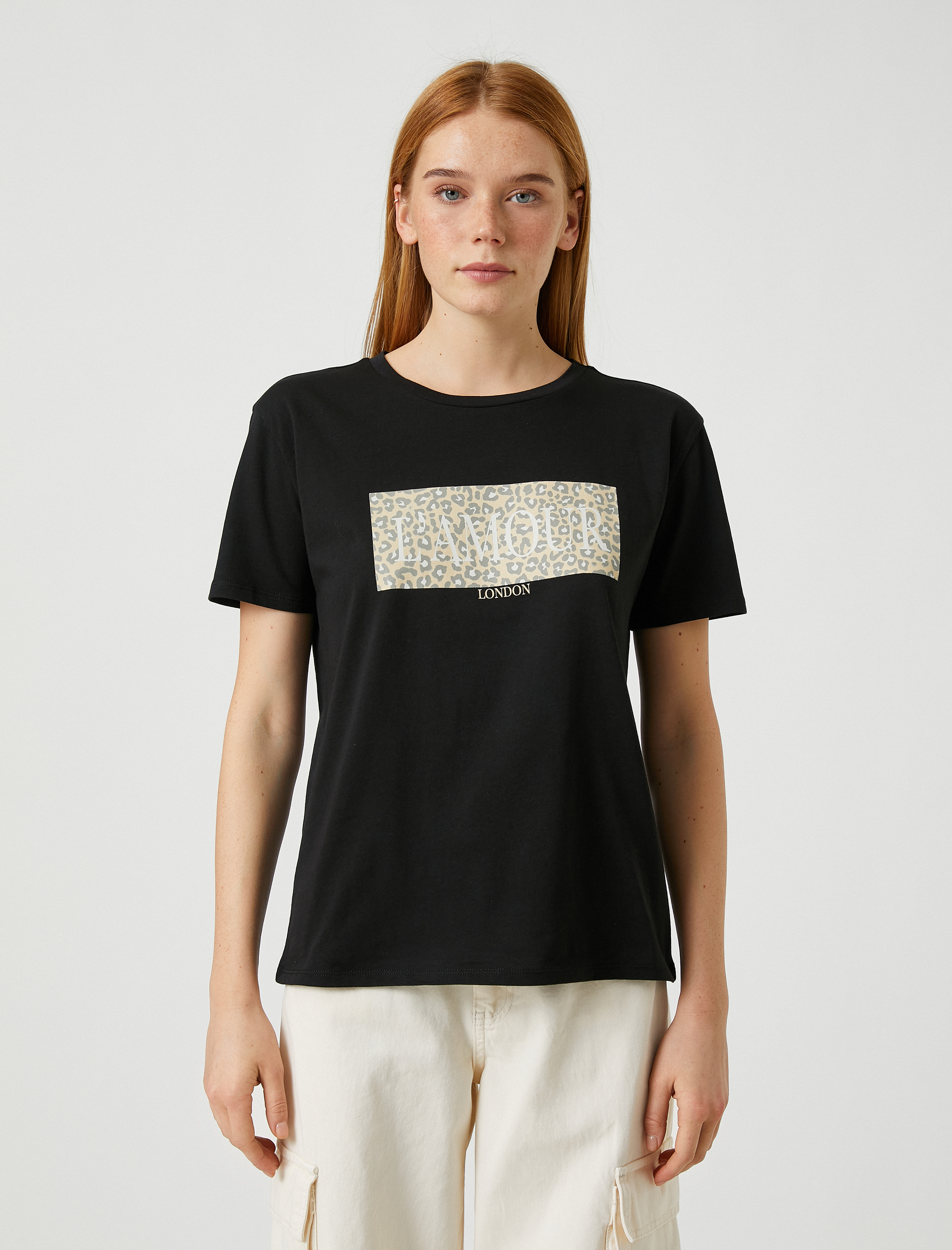   Kısa Kollu Tişört Leopar Baskılı Pamuklu