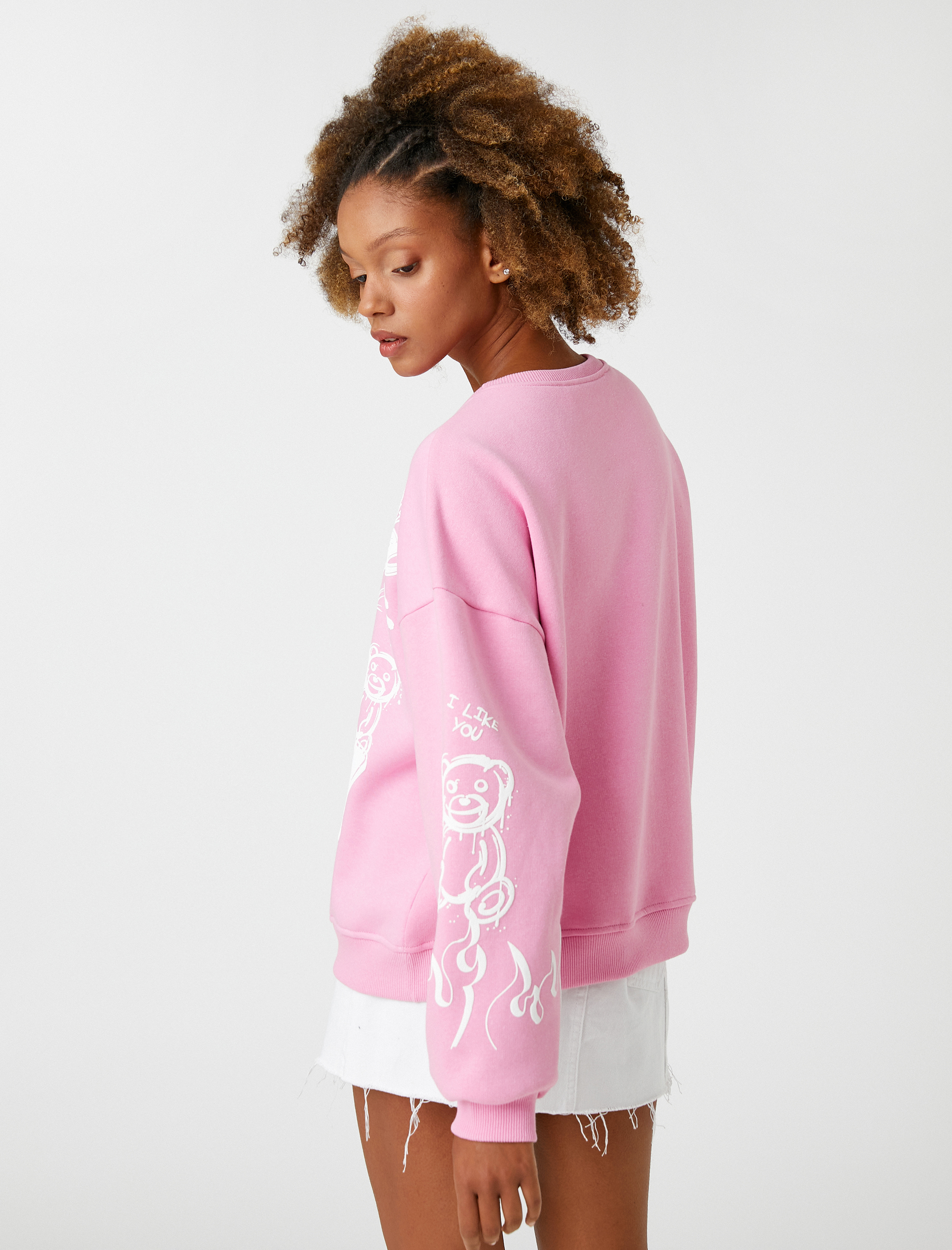   Şardonlu Bisiklet Yaka Sweatshirt Baskılı Uzun Kollu Ribanalı