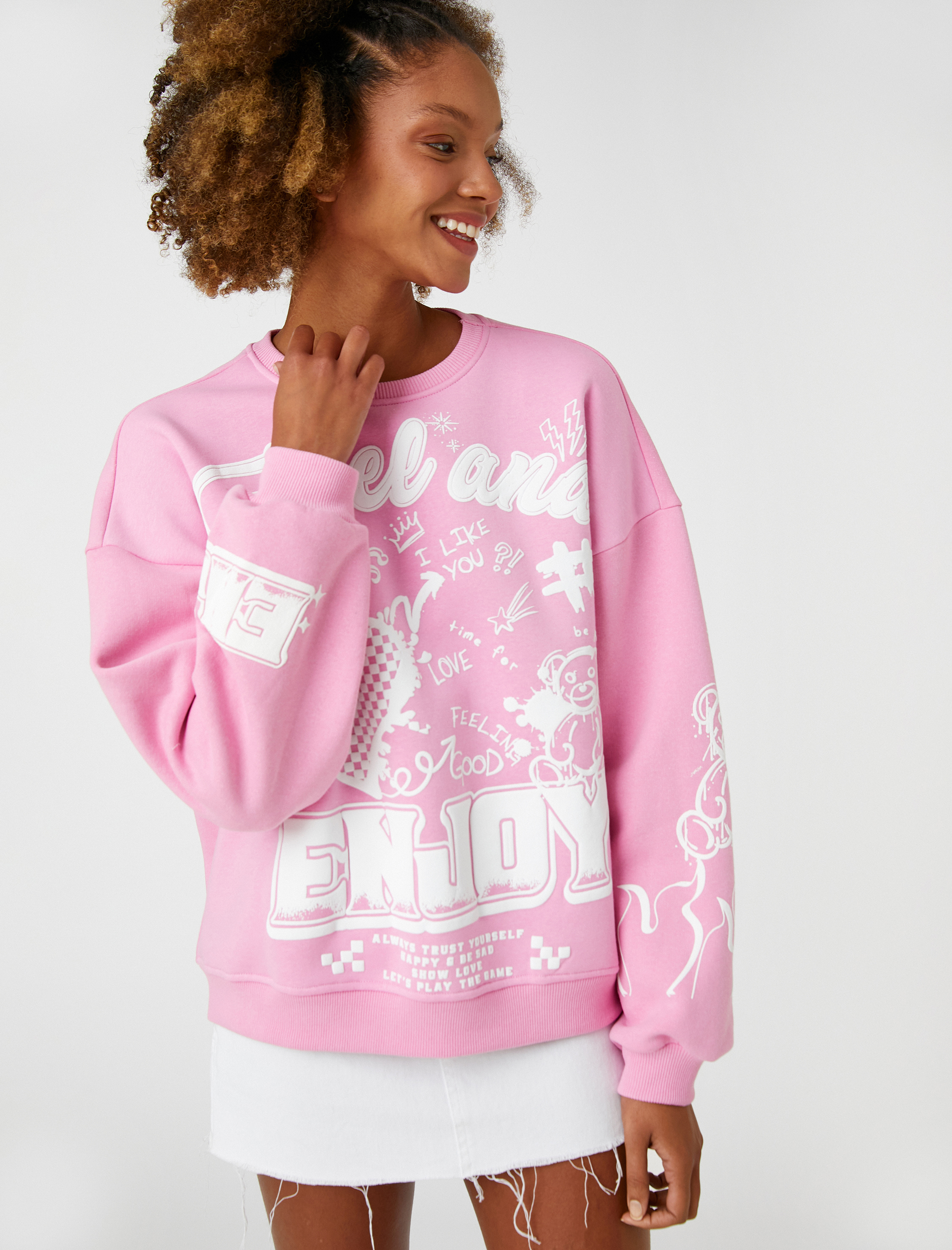   Şardonlu Bisiklet Yaka Sweatshirt Baskılı Uzun Kollu Ribanalı