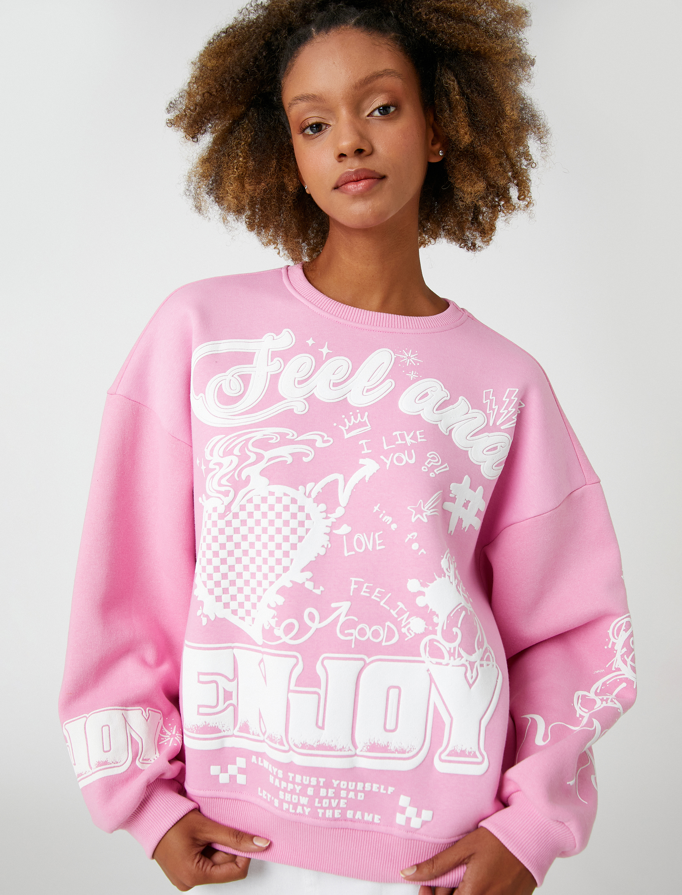   Şardonlu Bisiklet Yaka Sweatshirt Baskılı Uzun Kollu Ribanalı