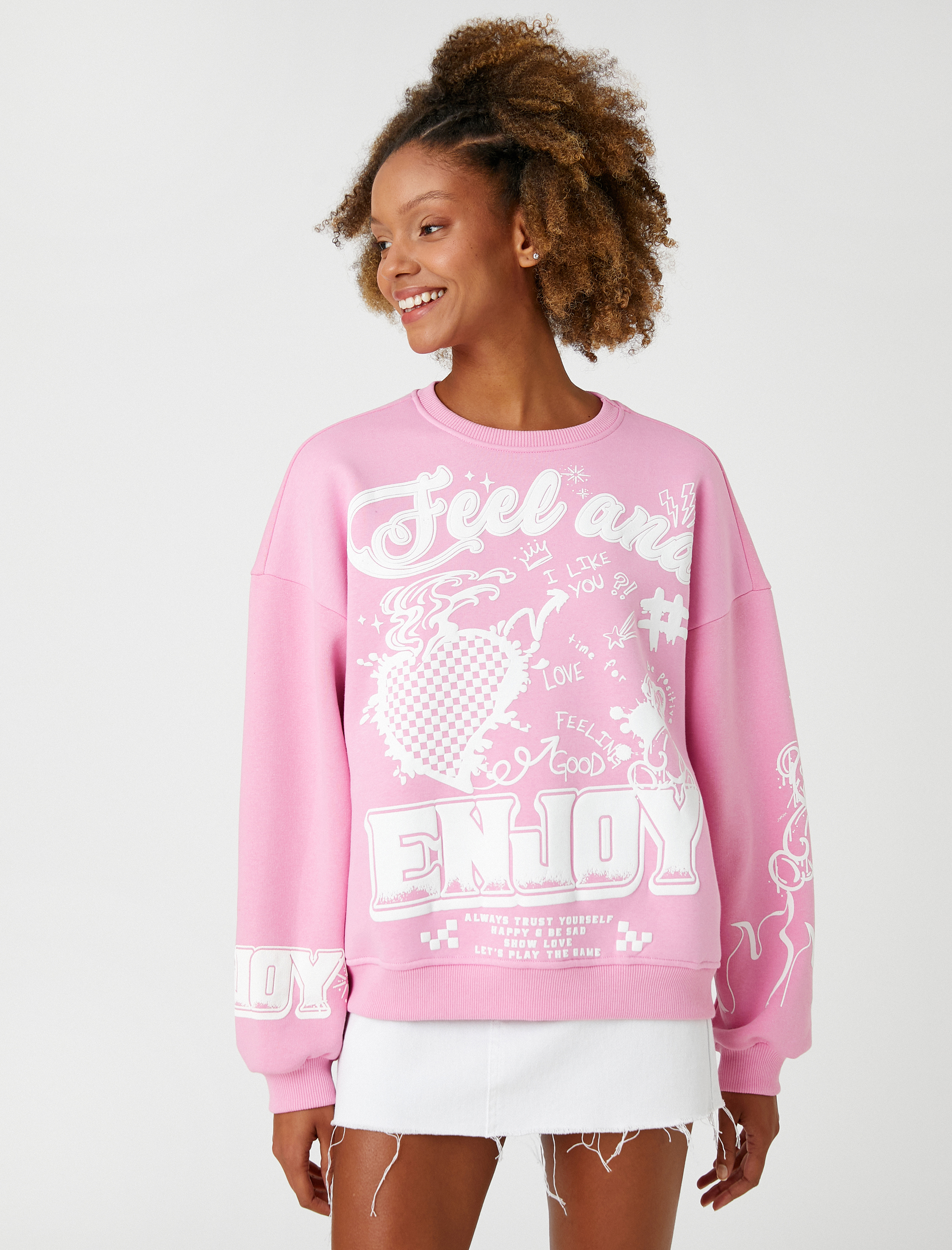   Şardonlu Bisiklet Yaka Sweatshirt Baskılı Uzun Kollu Ribanalı