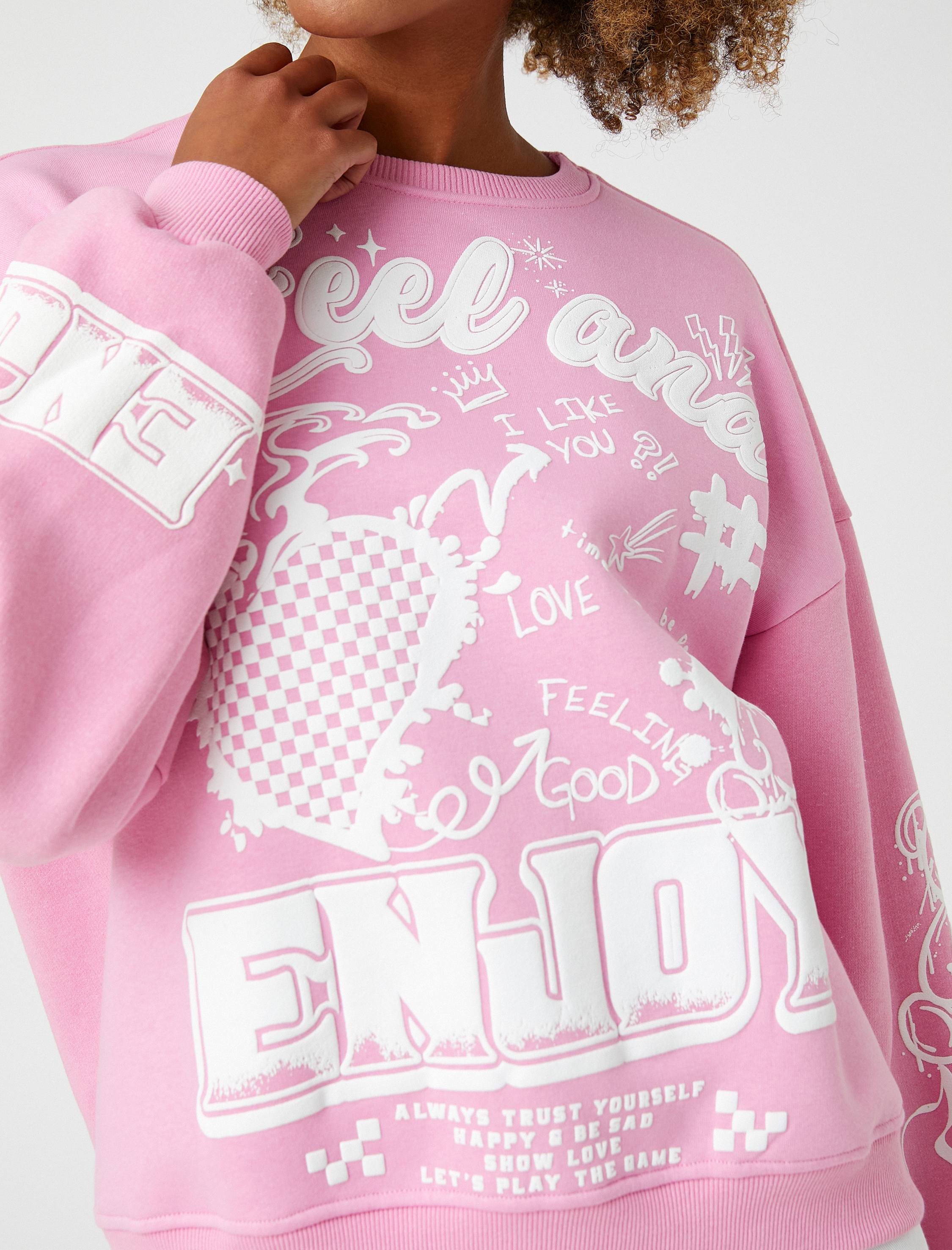   Şardonlu Bisiklet Yaka Sweatshirt Baskılı Uzun Kollu Ribanalı