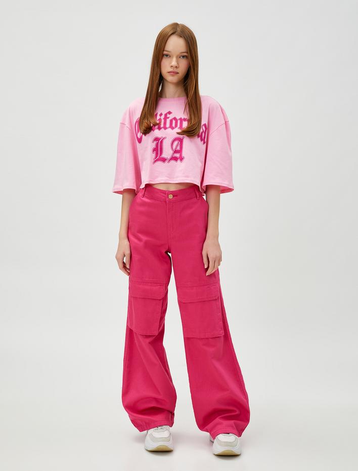  Kolej Baskılı Tişört Crop Bisiklet Yaka Pamuklu