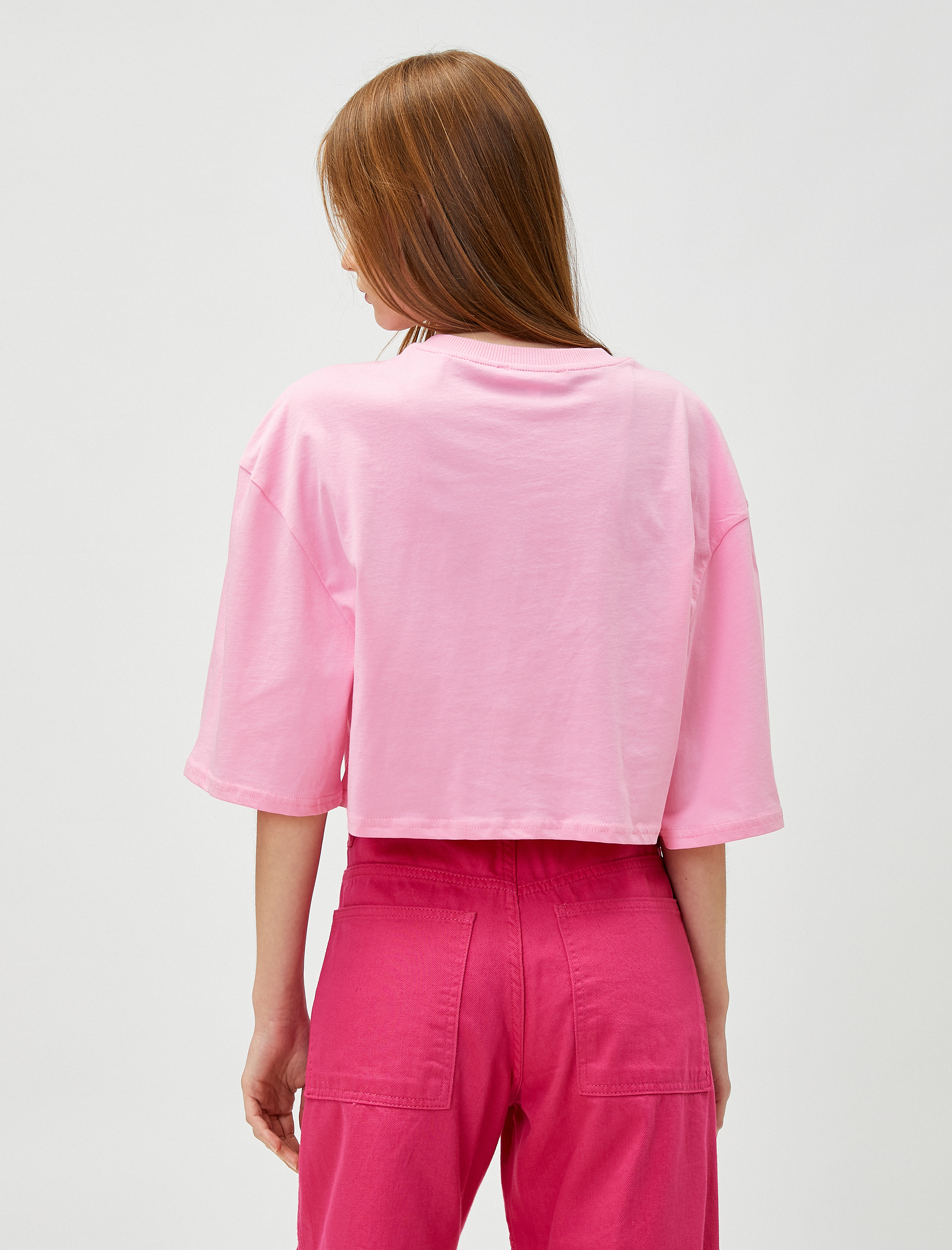 Kolej Baskılı Tişört Crop Bisiklet Yaka Pamuklu