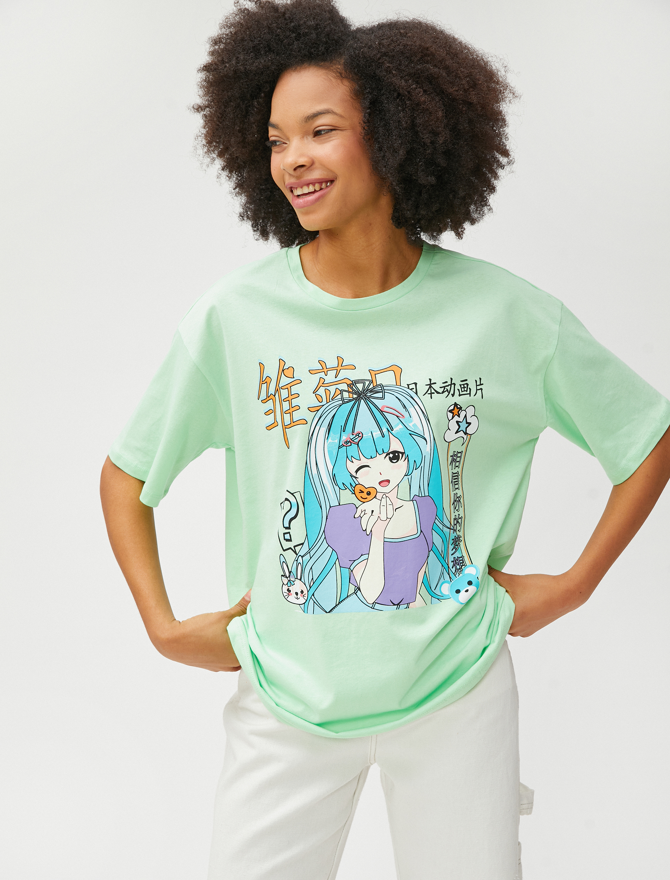   Anime Tişört Oversize Bisiklet Yaka Kısa Kollu Pamuklu