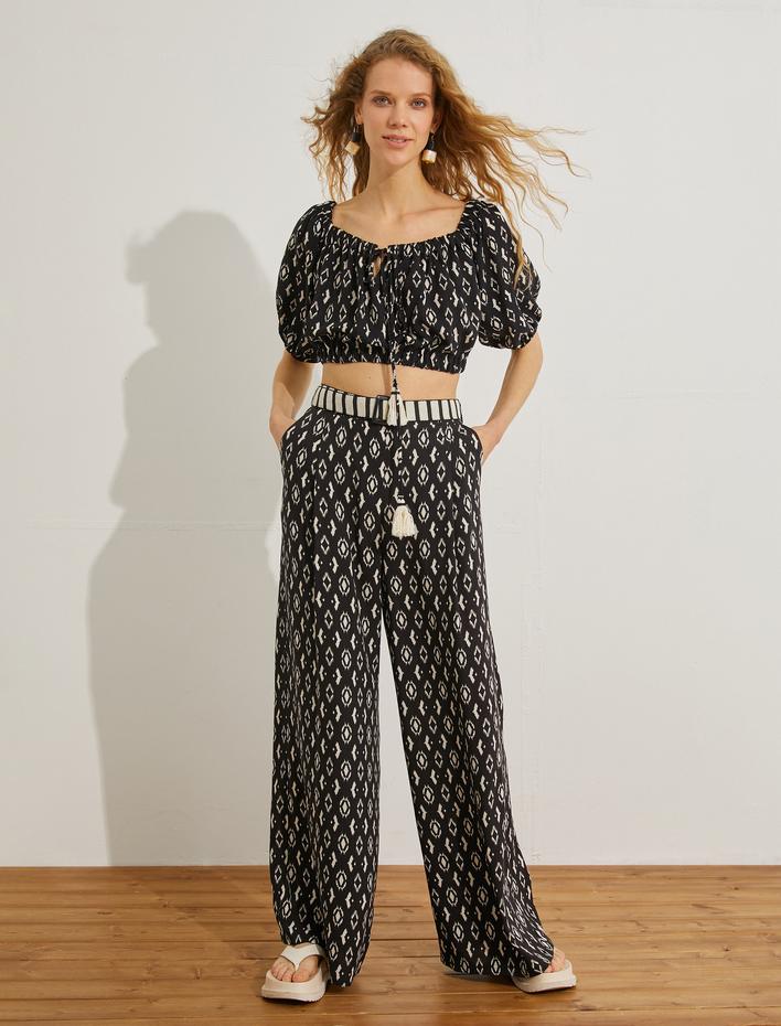  Crop Bluz Etnik Baskılı Lastik Detaylı