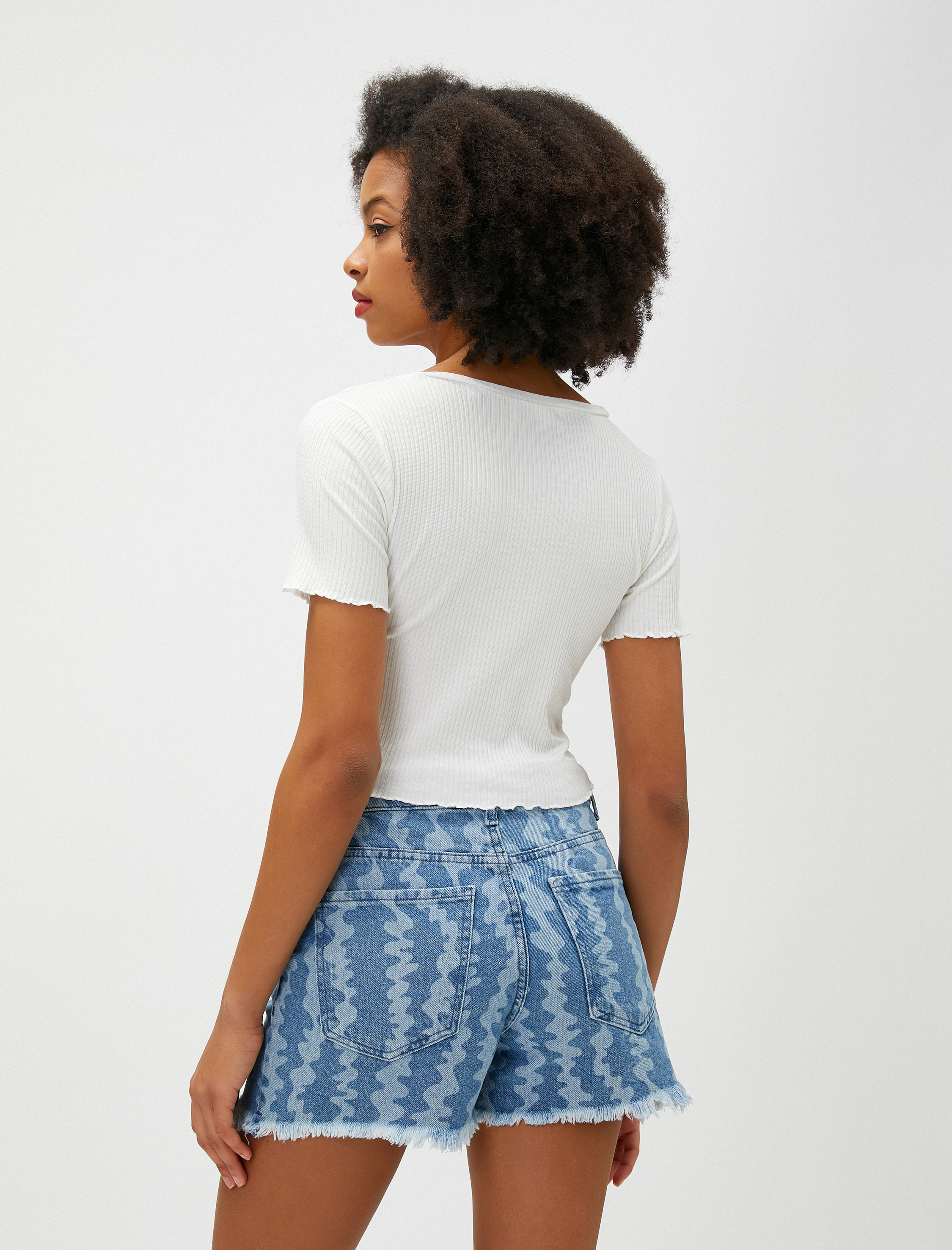   Crop Tişört V Yaka Kısa Kollu Fitilli