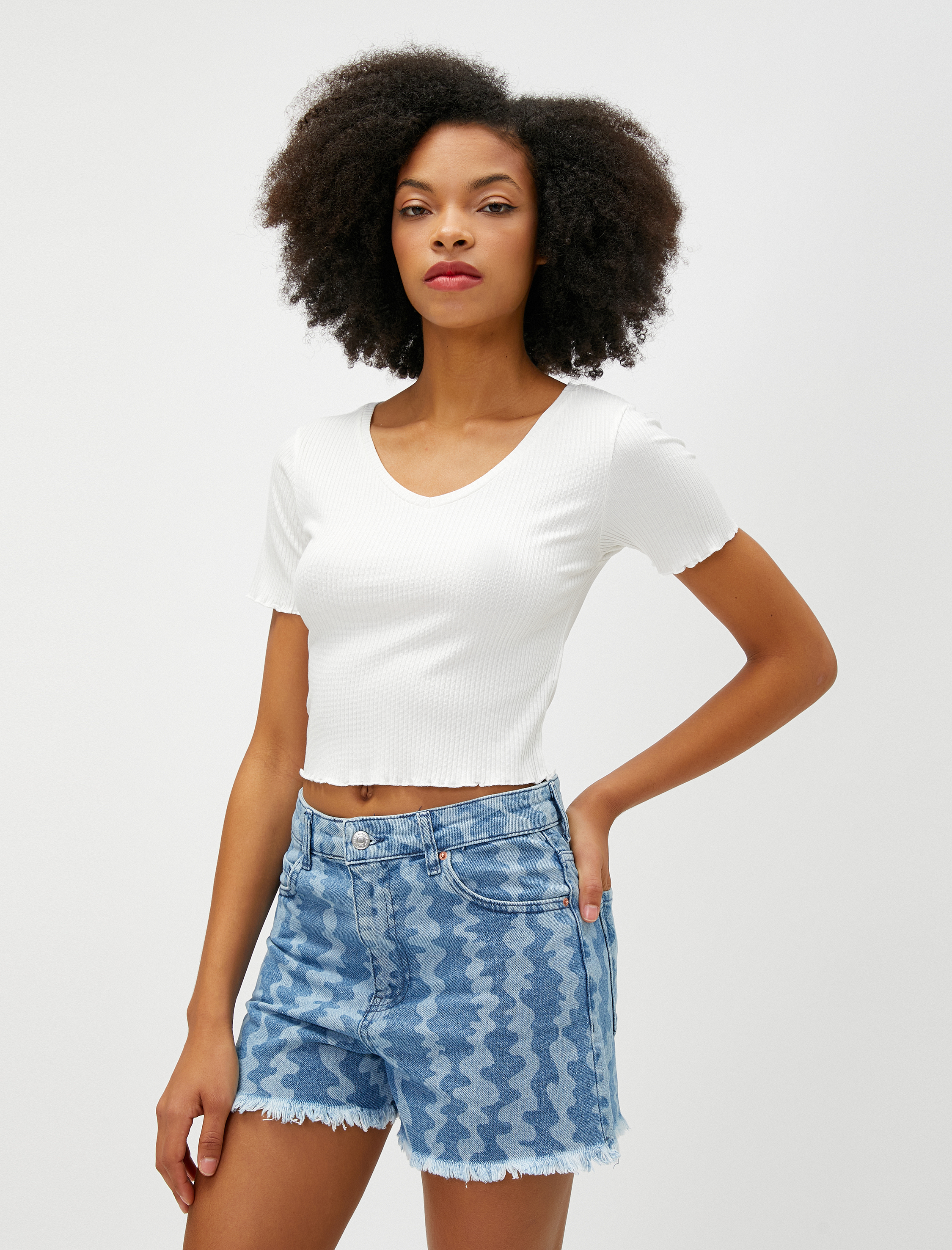   Crop Tişört V Yaka Kısa Kollu Fitilli