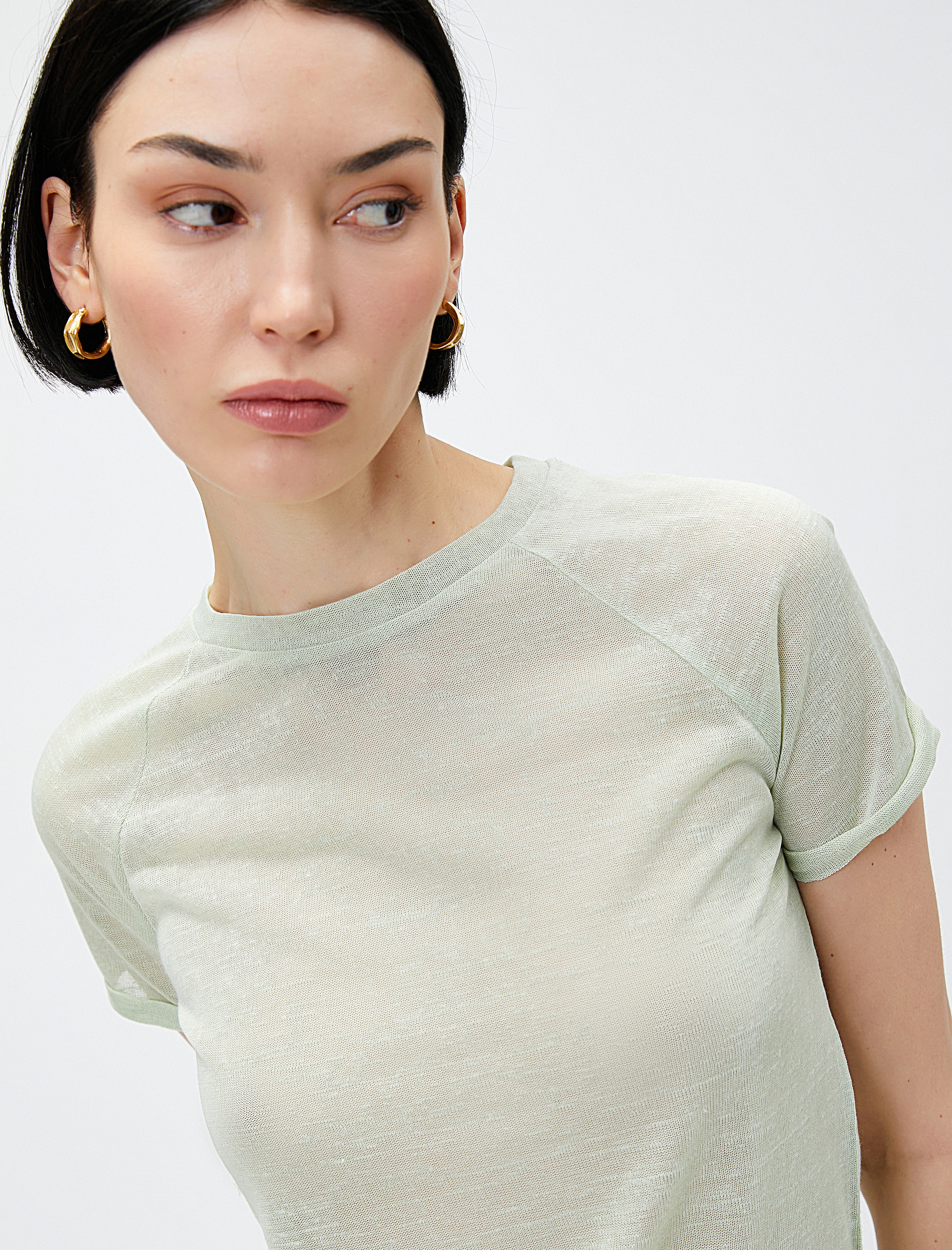   Bisiklet Yaka Kısa Kollu Yarı Transparan Tişört